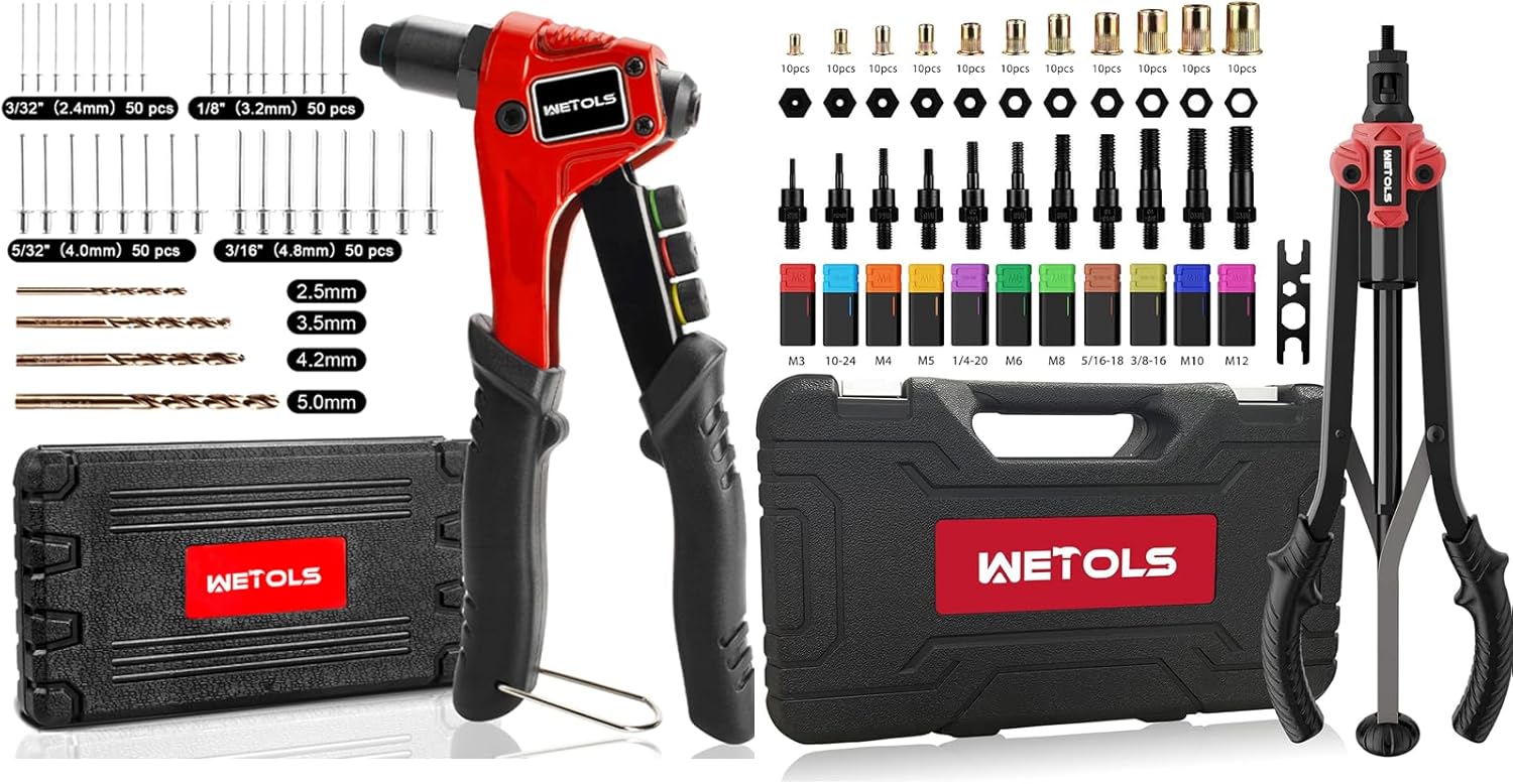 WETOLS Rivet Gun Kit and Rivet Nut Tool, Hand Rivet Gun with 4 Rivet Heads with200 Rivets, Rivet Nut Tool with 11 Mandrels and 110pcs Rivnuts, Riveter Combination Kit