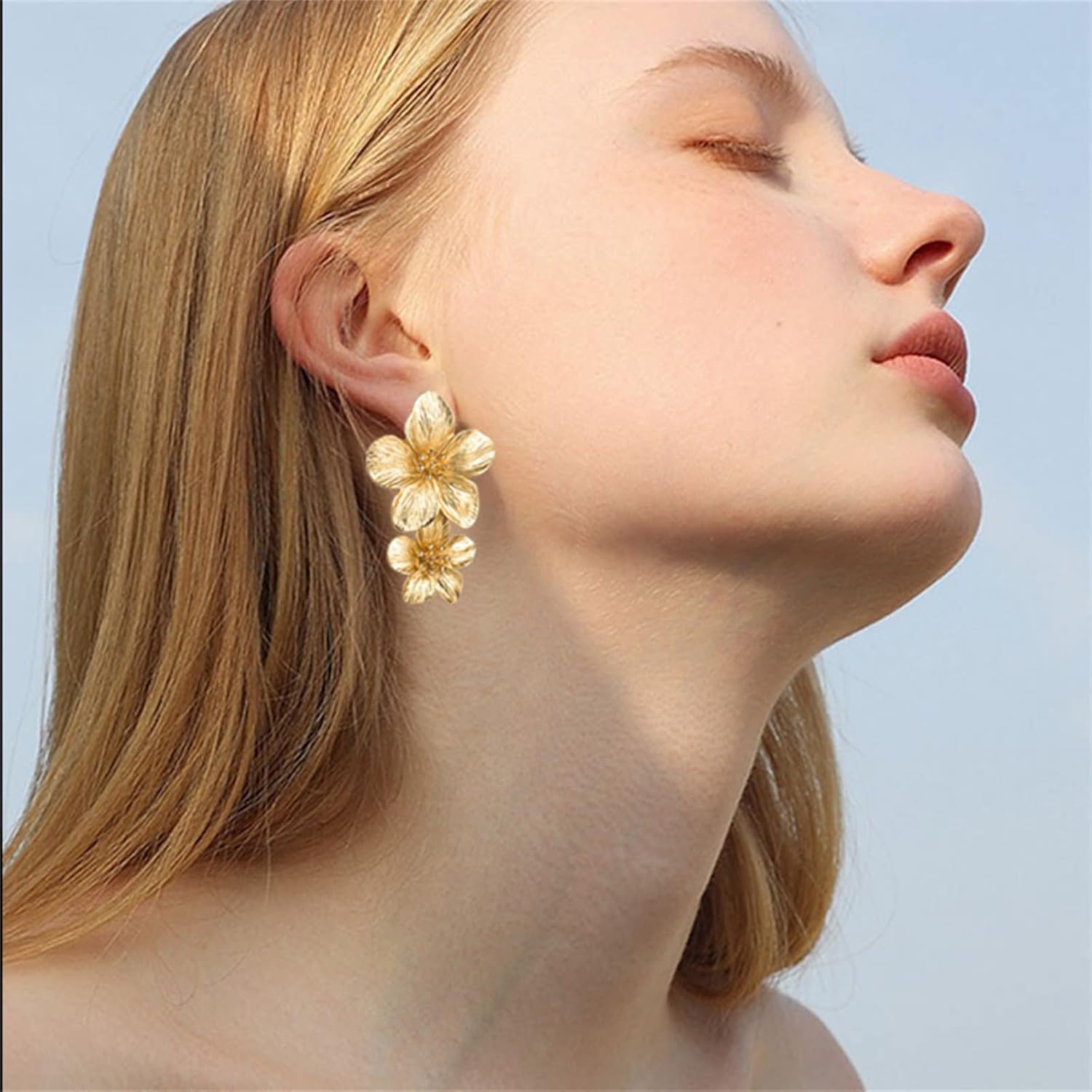 ONLYJUMP 3D Large Flower Earrings for Women Chic Petal Statement Earrings Bohemian Elegant Plated Big Alloy Metal Flower Earrings - Image 4