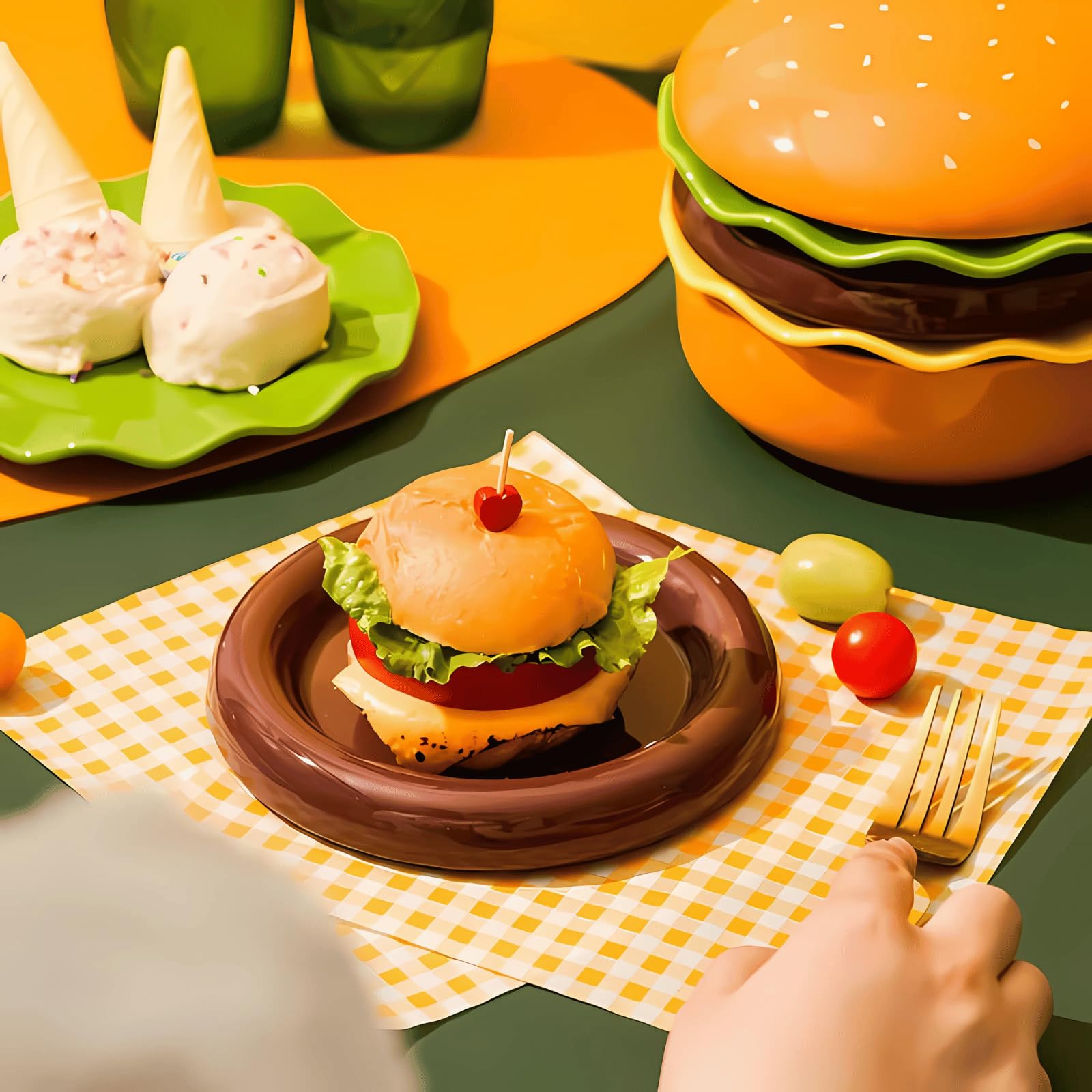Keramik-Hamburger-Teller und -Schüssel-Sets, 5-teiliges stapelbares Burger-Geschirr-Set, lustiges und niedliches Weihnachtsgeschenk für Kinder und Erwachsene