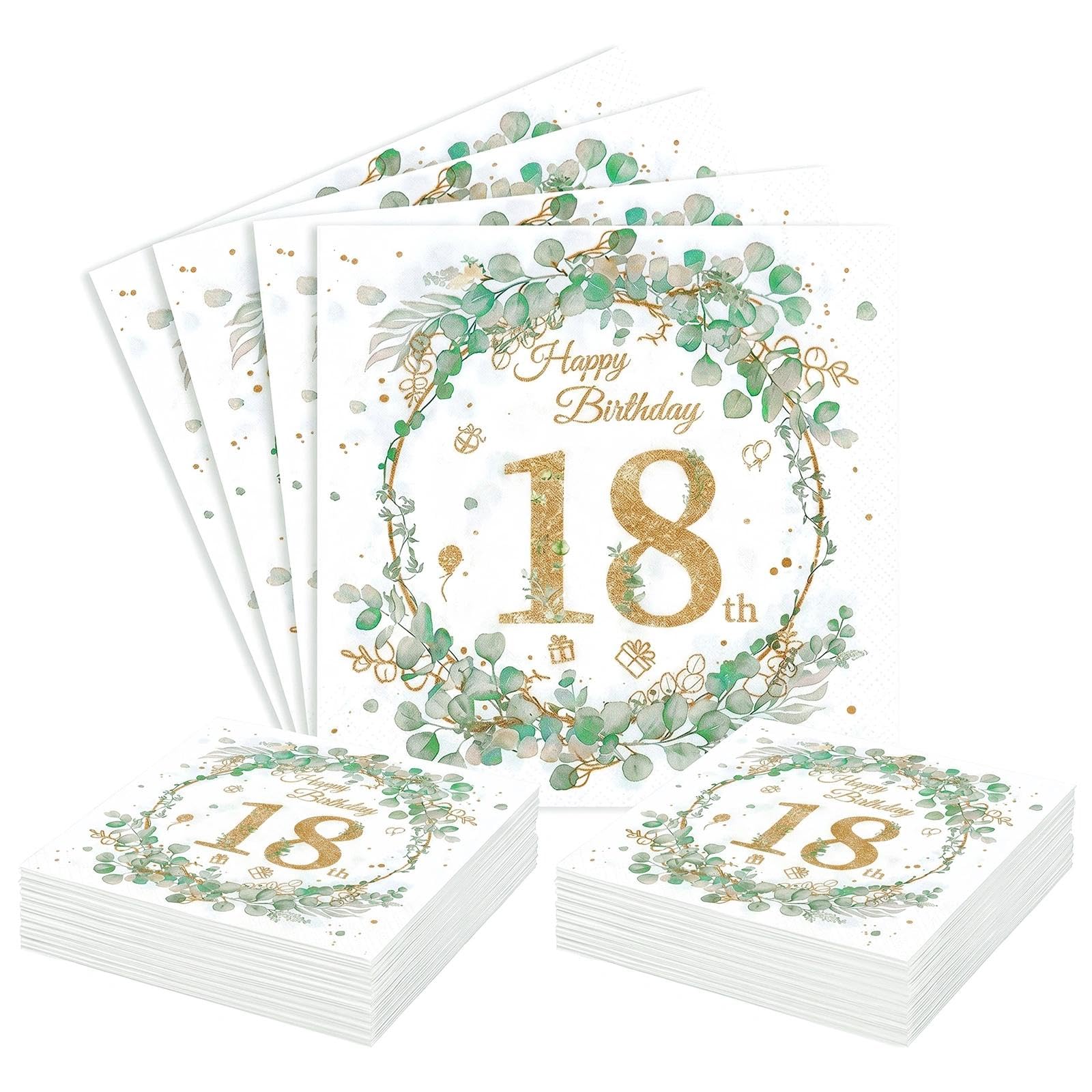 18th Birthday Paper Napkins, 40Pcs Sage Green 18th Birthday Decorations, 2-ply Disposable Eucalyptus Wreath 33x33cm Party Serviettes Napkins for Women Her Party Decorations