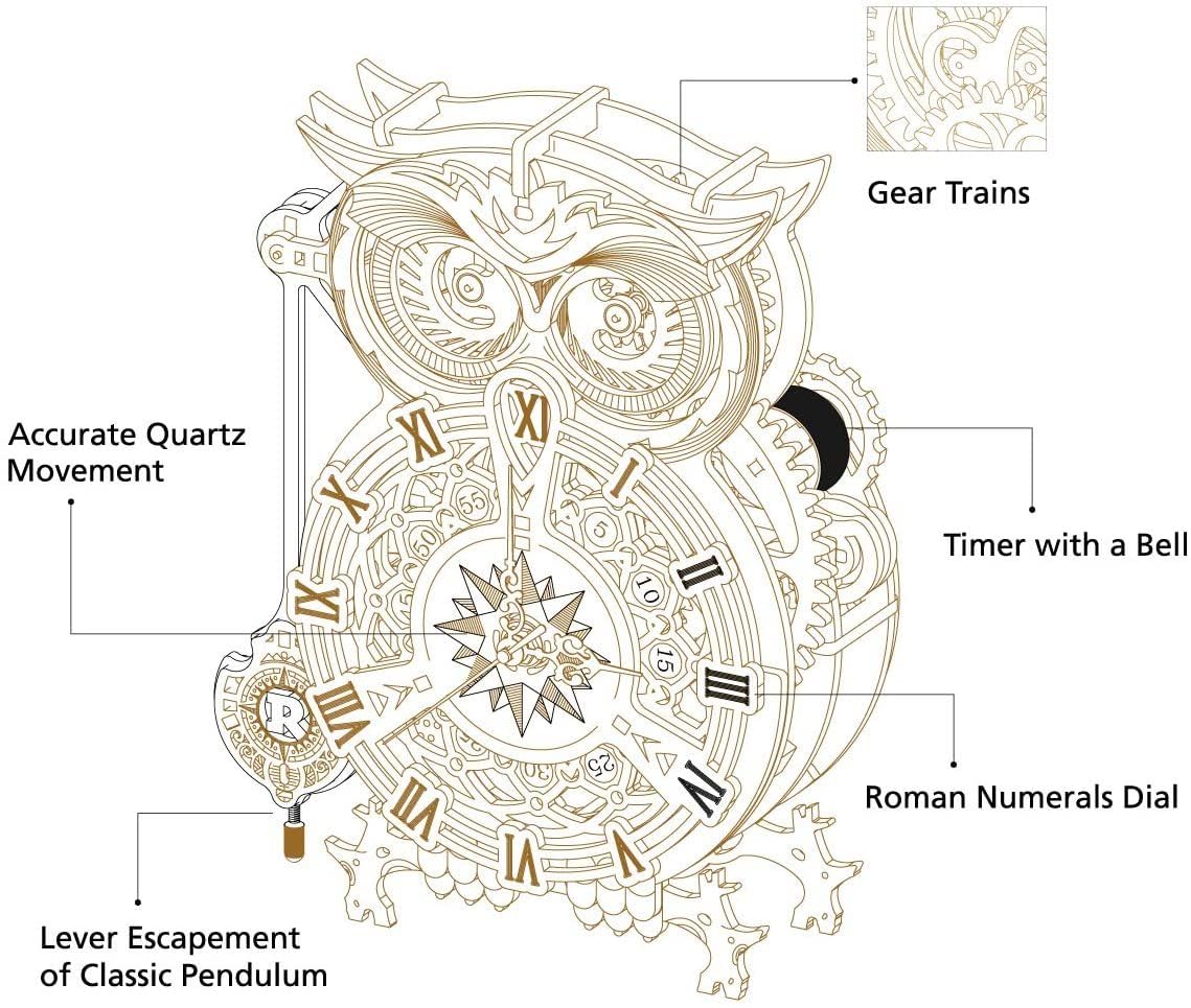 Robotime 3D Puzzle Holzbausatz Owl Clock Eulenuhr mit Beleuchtung, 161 Teile, Größe: 20,6 x 12,8 x 26,5 cm, LK503