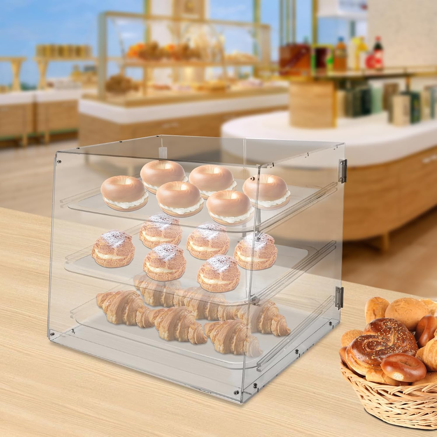 Bakery Display Case Countertop 3-Tier Pastry Display Case Large Acrylic Clear Bakery Storage Box with Rear Door Commercial Bread Box for Kitchen Keep Fresh for Donut Bagels Cake Cookie