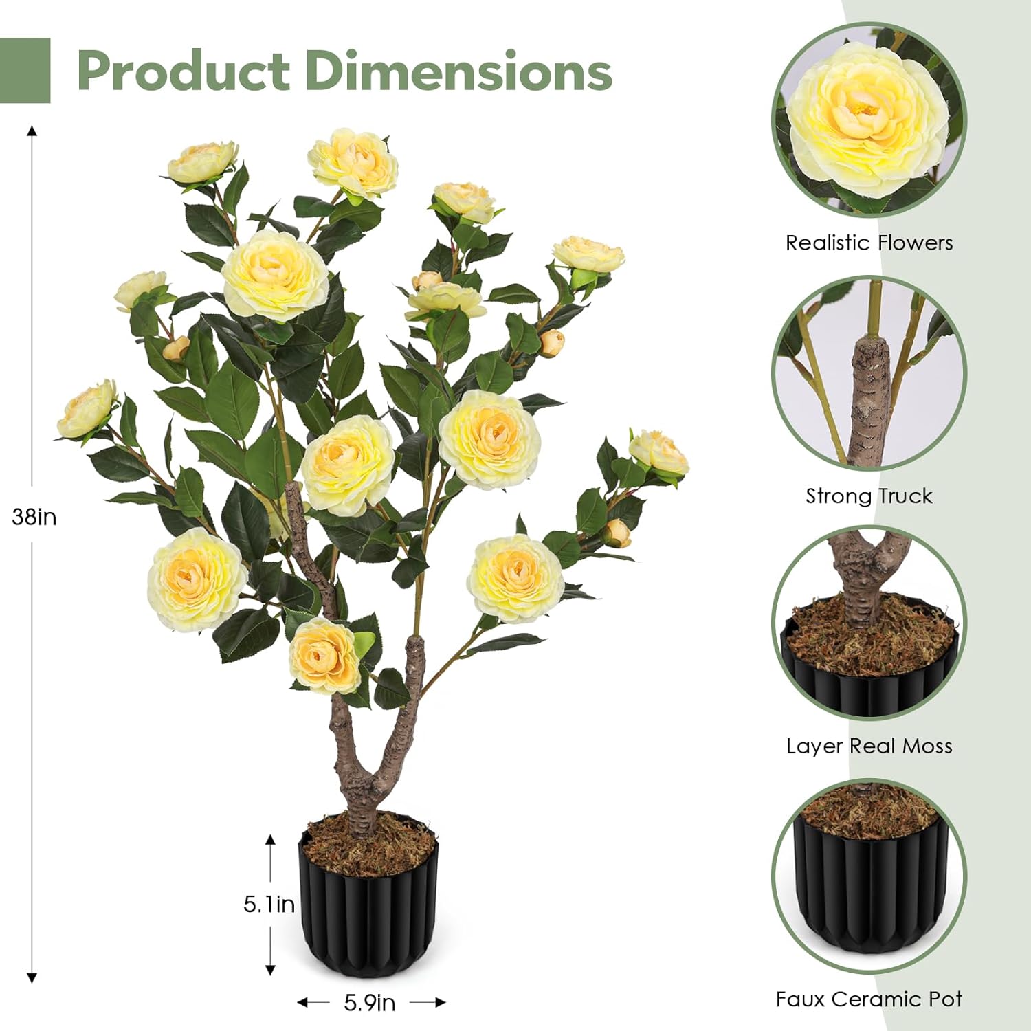 Artificial Camellia Tree for Indoor and Outdoor, Faux Flower Tree Plant in Pot Fake Topiaries for Home Front Porch Decor(1, Yellow)