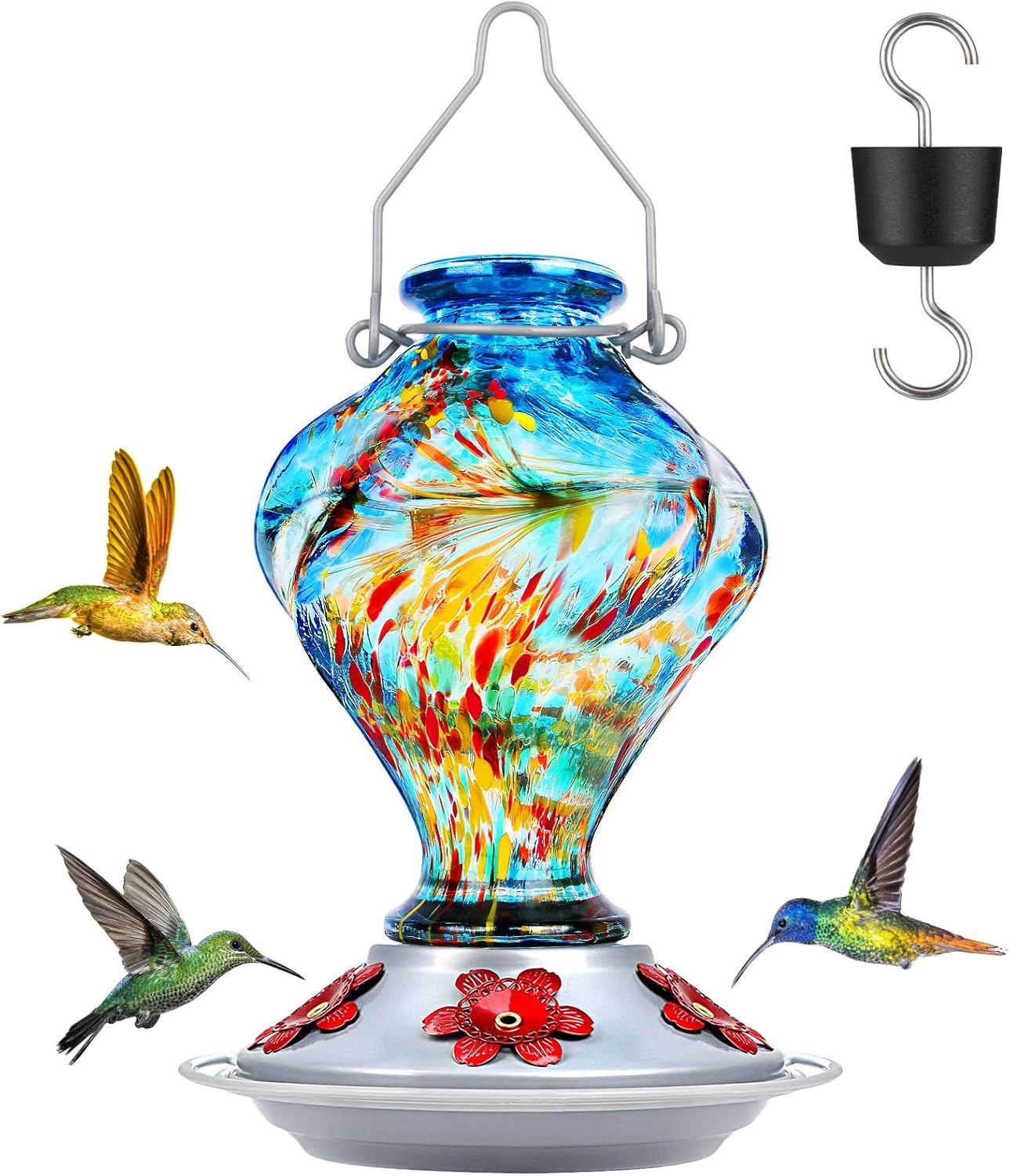 Hummingbird Feeder, BOLITE Glass Hummingbird Feeders for Outdoors Hanging, Hand Blown Twisted with Ant Moat and Five Feeding Ports, 24 Ounces, Leak Proof, Blue, Gifts for Women Men, Gifts for Mom Dad