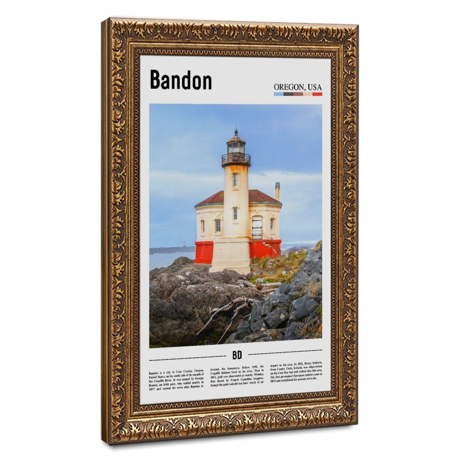 Wcyb Retro Gold Frame Bandon Oregon Lighthouse The United States Of America Scenery Travel Prints Posters Canvas Deco Paintings Wall Art For Office Living Room Hangable Fra