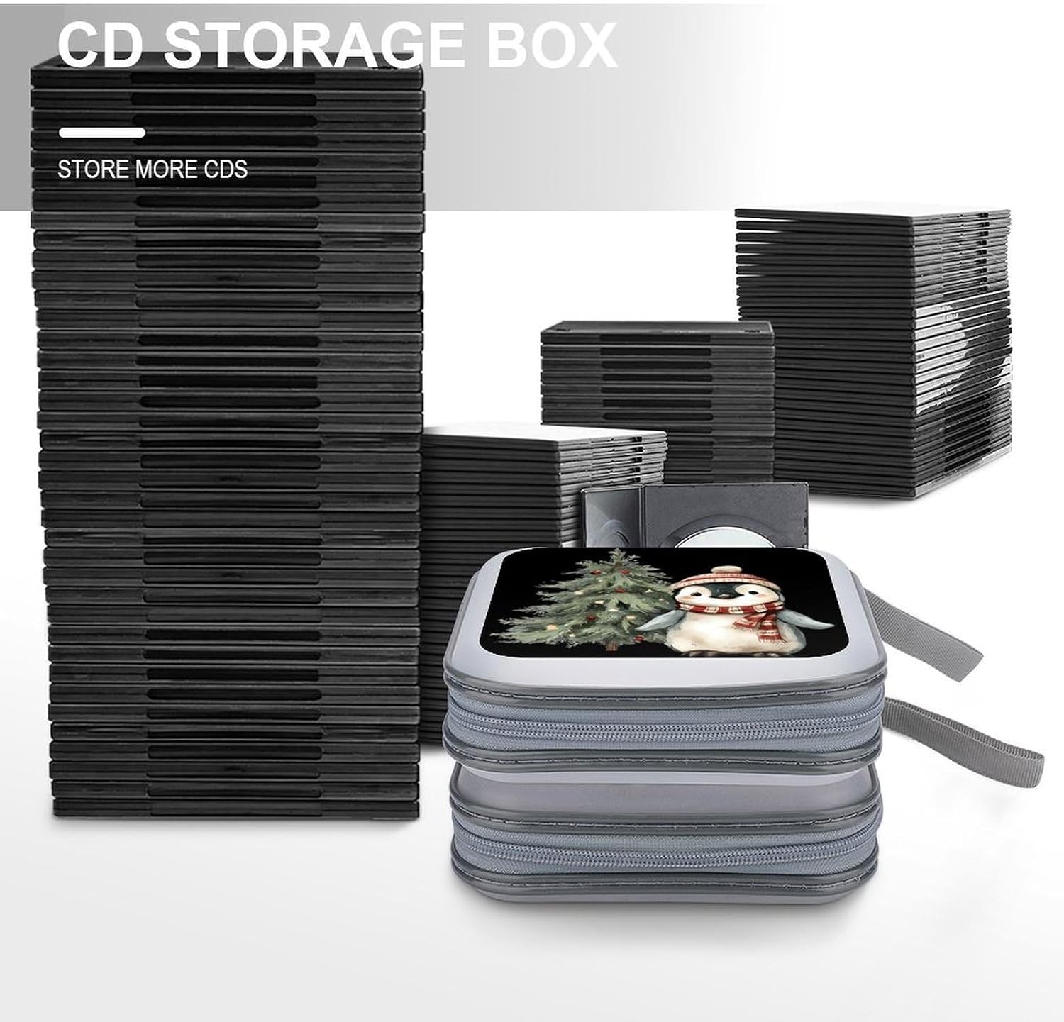 Penguins Christmas Tree CD Case DVD Storage Holder Binder 40 Capacity | protective,hard case,protable loop,travel car use,zippered closure