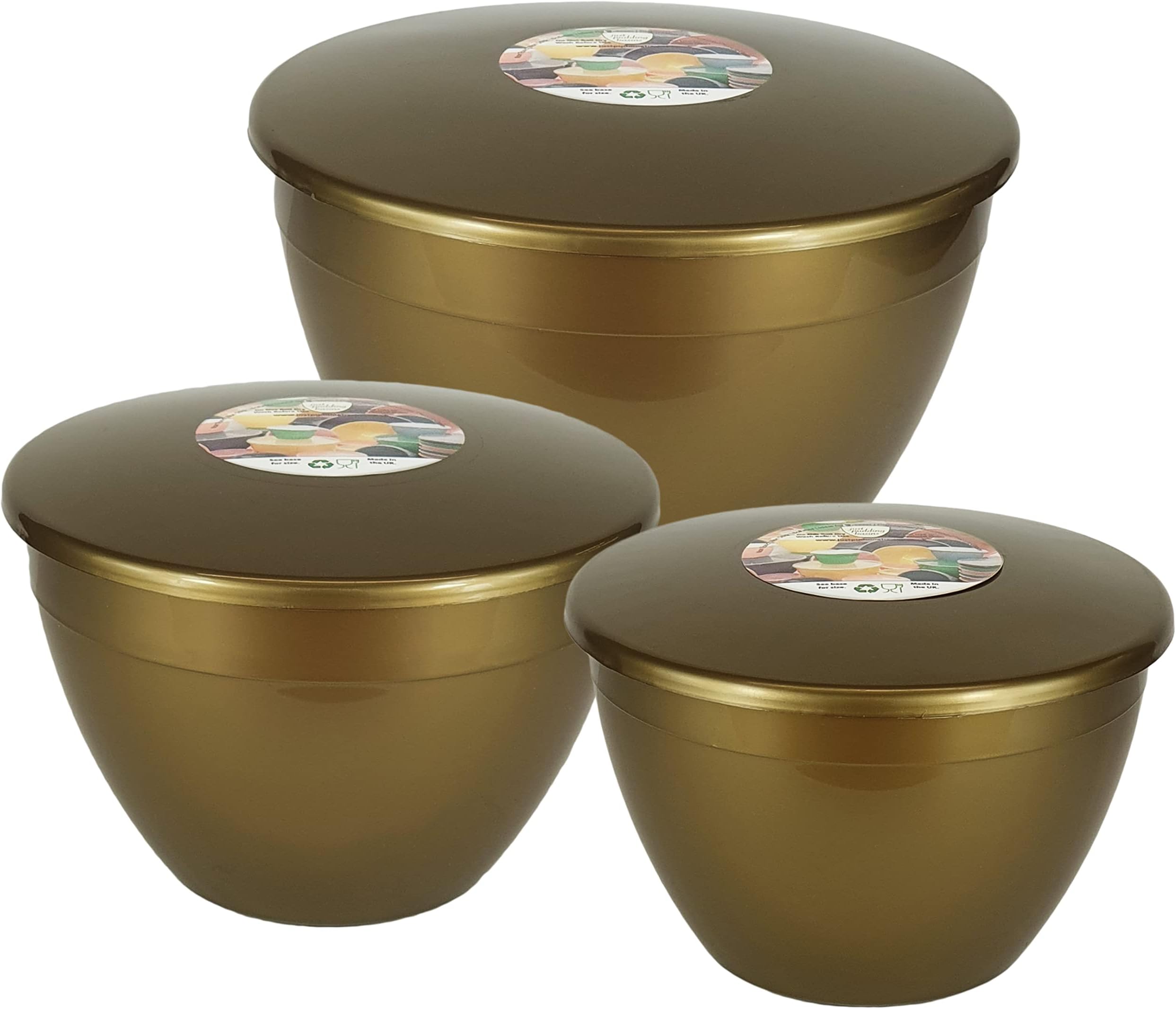 Just Pudding Basins 3 Larger Bowl Sizes and Lids in 1 Set, 1x 1.5 pint (850ml), 1x 2 pint (1.14lt), 1x 3 pint (1.71lt) Gold
