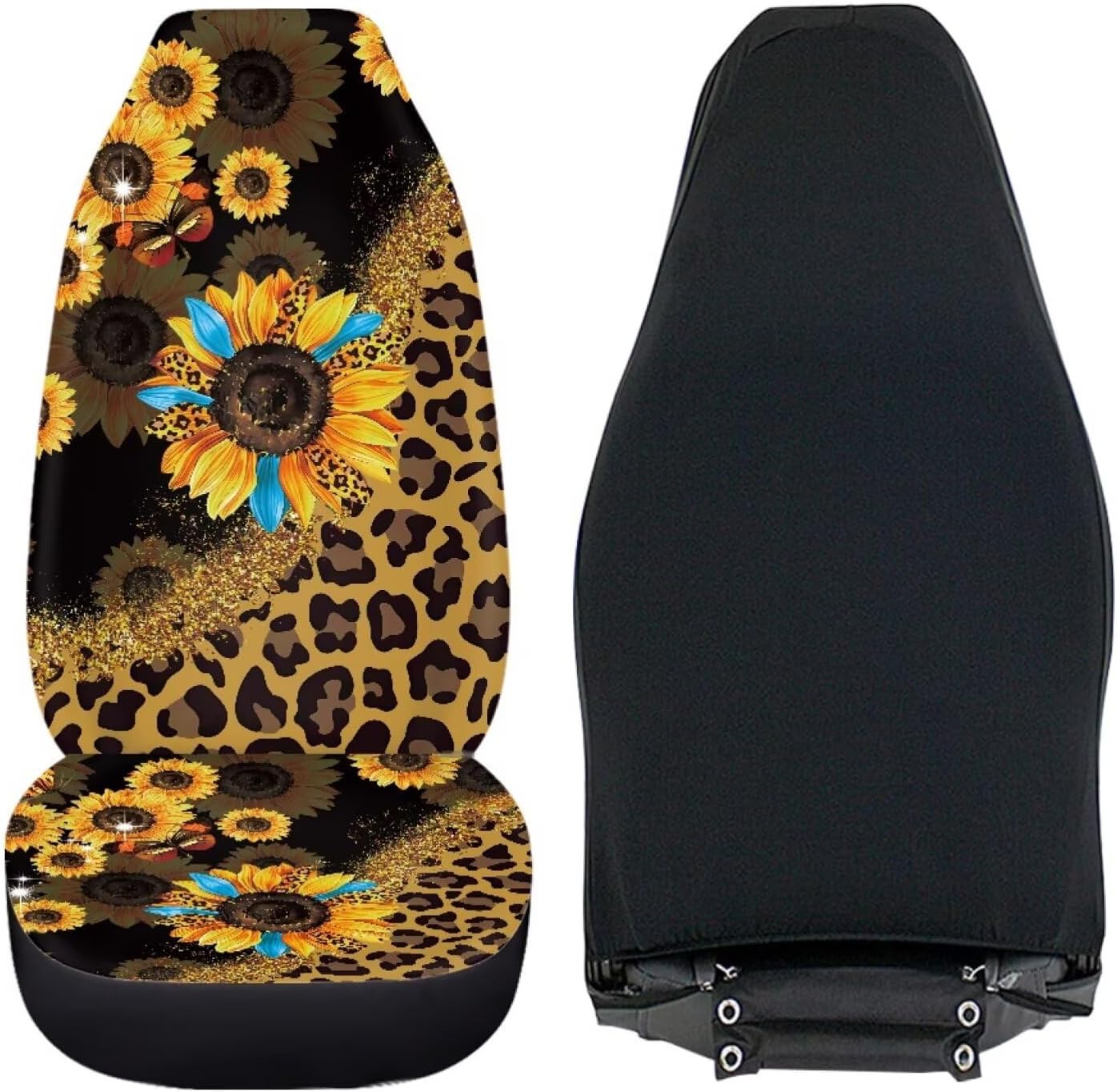 Sunflower Leopard Print Car Seat Covers Full Set,2 Pieces Women Men Universal Vehicle Interior Seat Mat Cover Sunflowers Car Accessories Seats Protection,Fit for SUV Truck Sedan