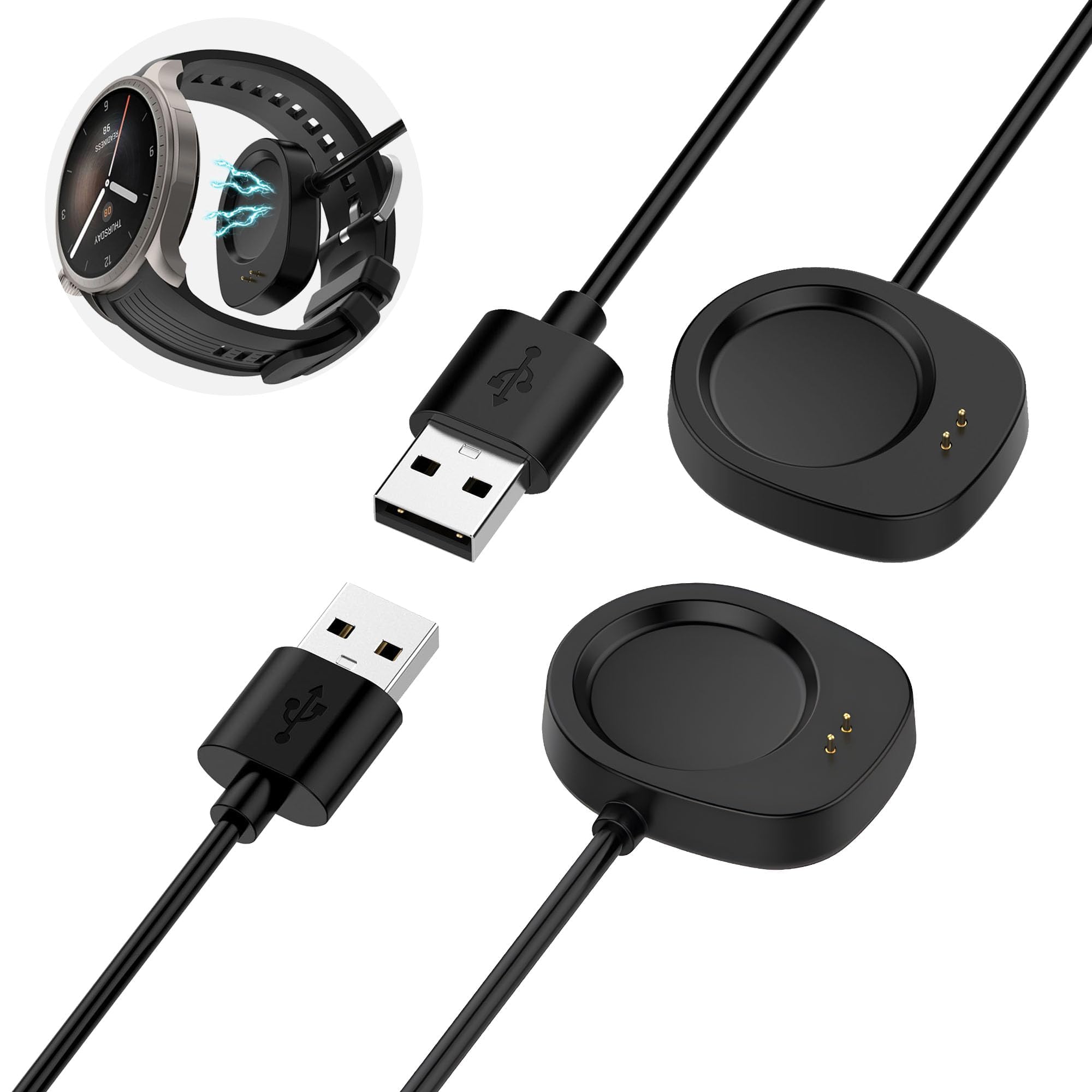 2 Packs Charging Cable Compatible with Amazfit Helio Strap, Amazfit T-Rex 3 Pro/T-Rex 3/Balance/Balance 2/Amazfit Active Max, USB-A to Magnetic Cable, Smartwatch Charger 1m (3.3ft) - Black