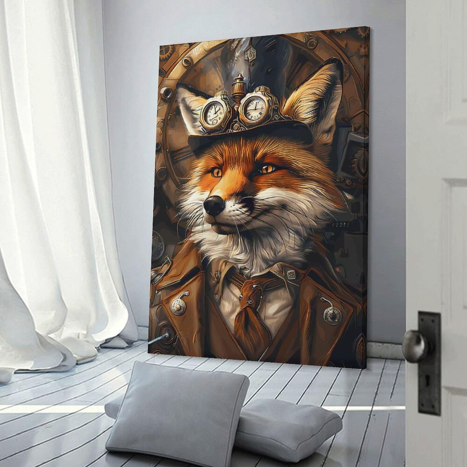 Junmoney Steampunk Fox Animal Canvas Wall Picture 20x30inch(50x75cm), for Study, Office Or Focused Interiors, Home Office Artwork with Decorative Appeal