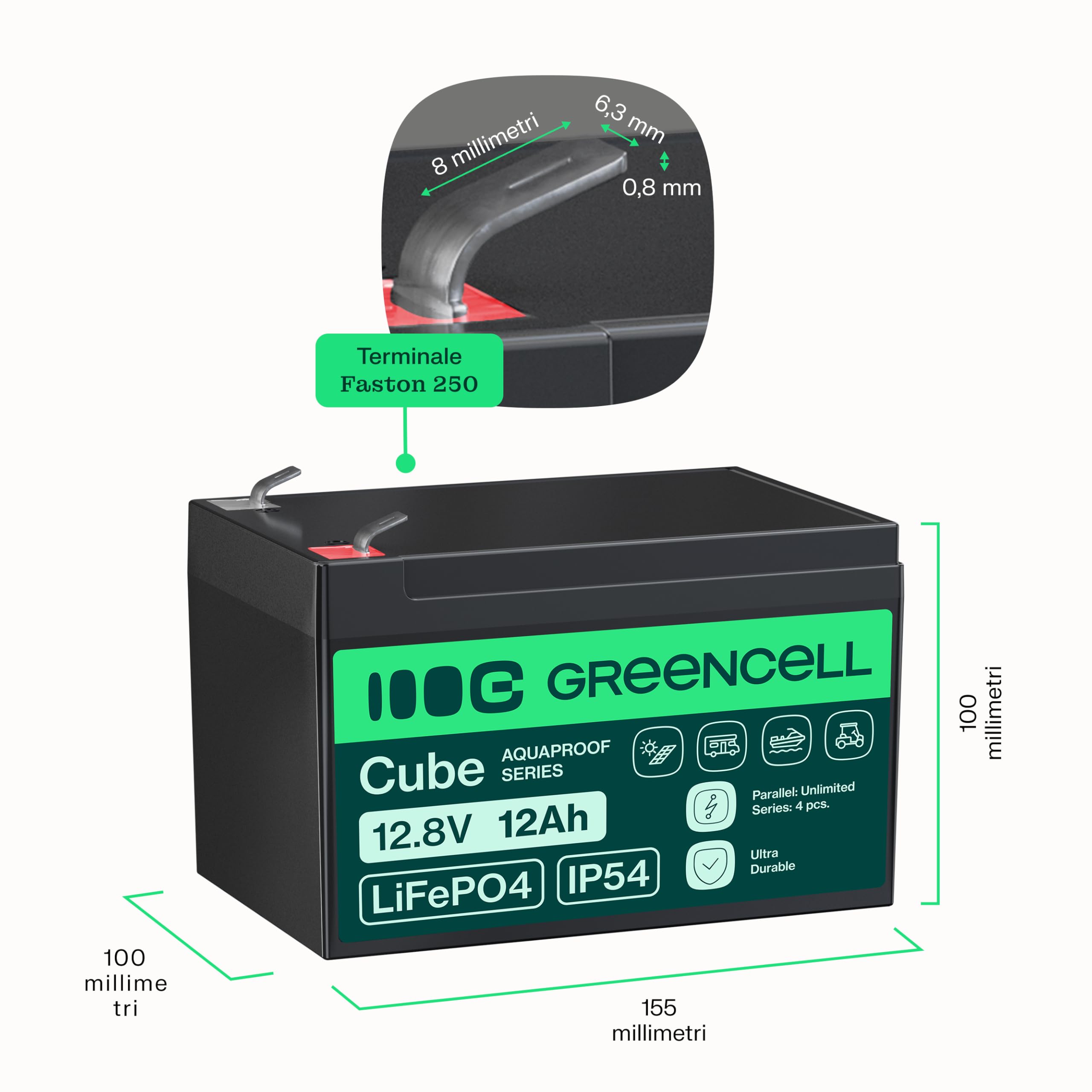 Green Cell Cube LiFePO4 Batteria 12Ah 12.8V - Batteria al litio di ferro fosfato per camper, barche, impianti solari, sistemi off-grid, con BMS, leggera e sicura