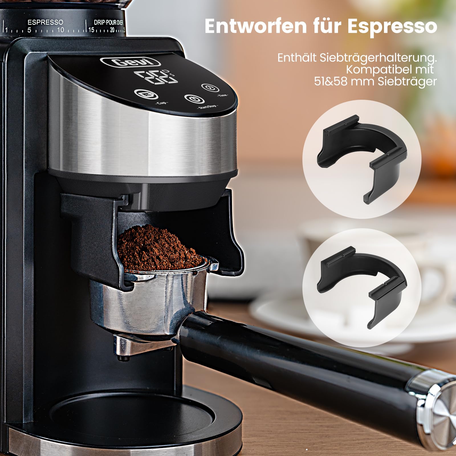 Gevi Elektrische Burr Kaffeebohnenmühle, 35 Mahlgradeinstellungen, 51 & 58 mm Siebträgerhalter