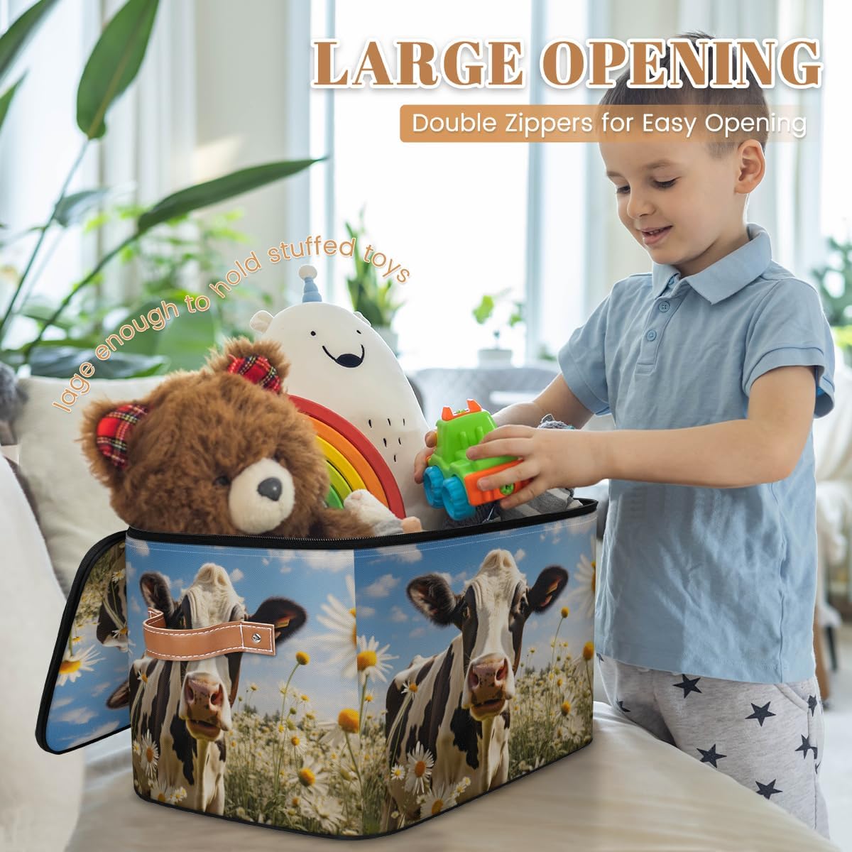 Storage Bin Set of 2 Daisy Cow Storage Basket with Zipper Lid & Handle Foldable Closet Shelf 2 Pack Cloth Organizer Basket Cube Bins Clothes Organizer for Bedroom, Nursery