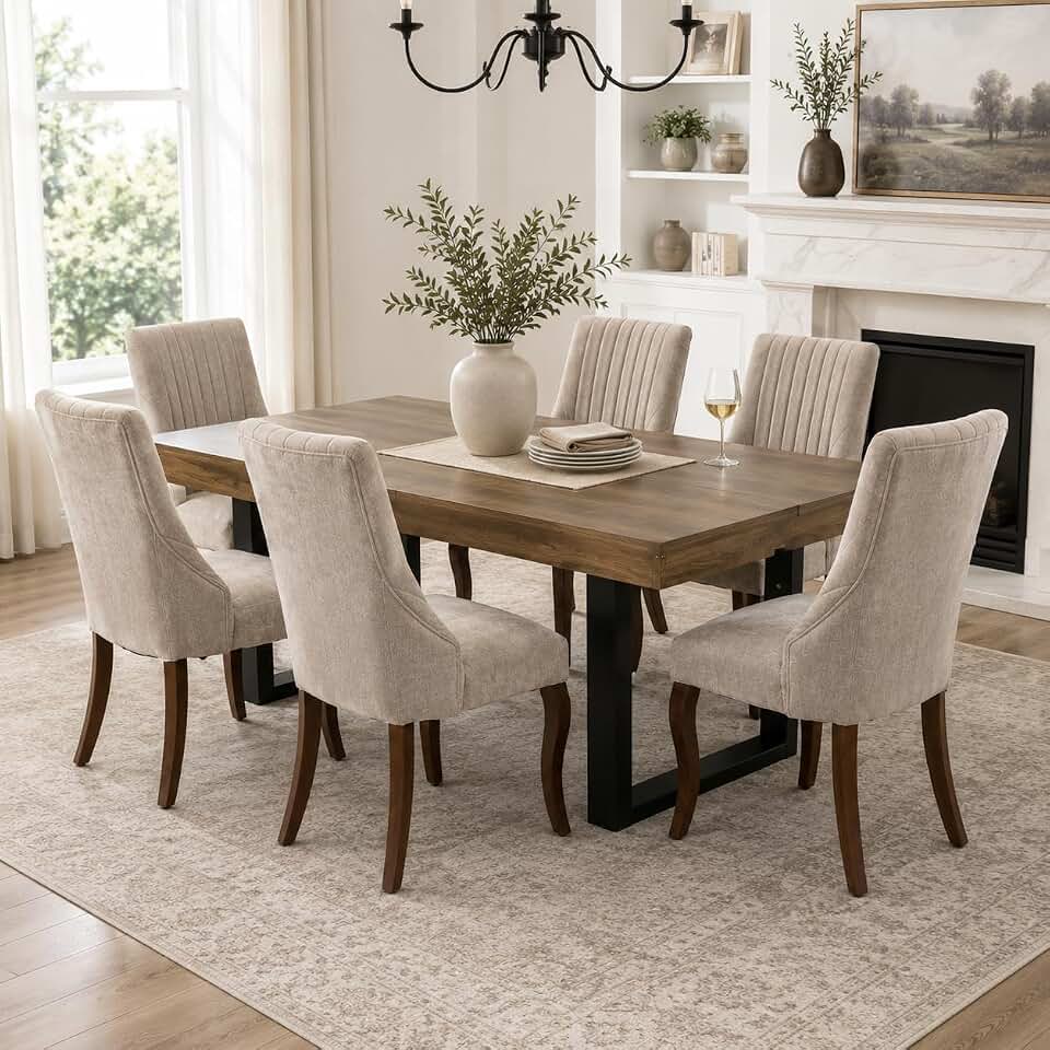 Extendable Dining Table Set for 6, 63"-79" Large Rustic Kitchen Table Set