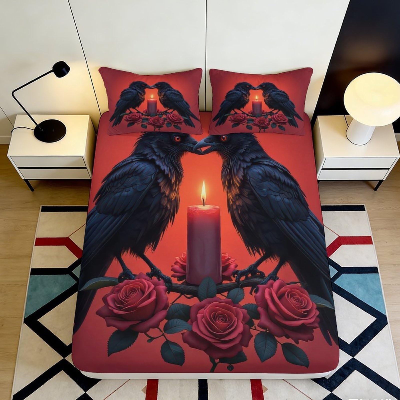 3D Printed Raven Rose Fitted Sheet Microfiber Deep Pocket Non-Slip Bedroom Bedding Raven Rose Mattress Fitted Cover for All Ages 200x200x25cm 90x200x25cm