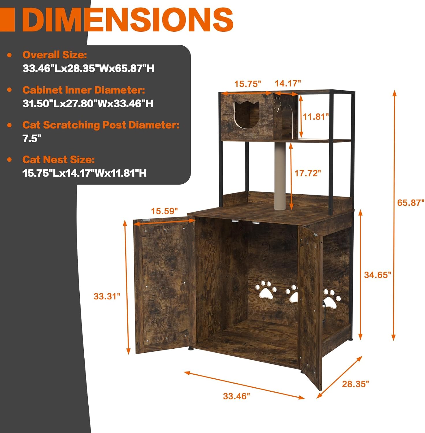 Cat Litter Box Enclosure,Large Litter Box Enclosure Furniture with Shelves&Sisal Cat Scratcher,Wooden Hidden Pet Furniture Cabinet for Self Cleaning Litter Boxes,Rustic Brown