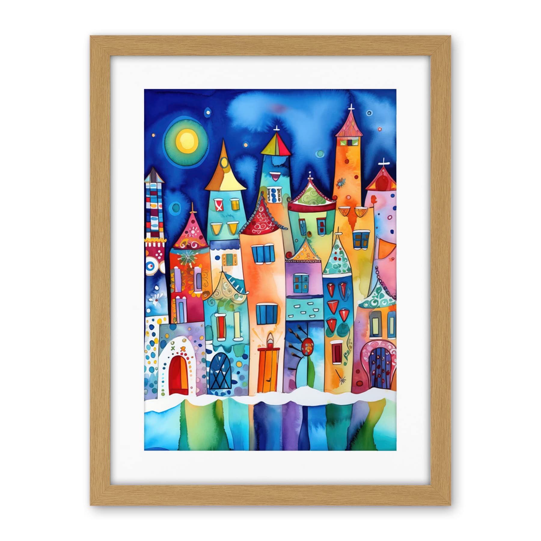 Artery8 Midnight Abstract Town Folk Art Artwork Framed Wall Art Print 18X24 Inch