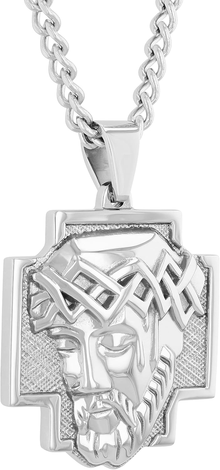 Men's Stainless Steel Jesus Head Cross Pendant - Spiritual Design with 24" Curb Chain - Lobster Claw Clasp