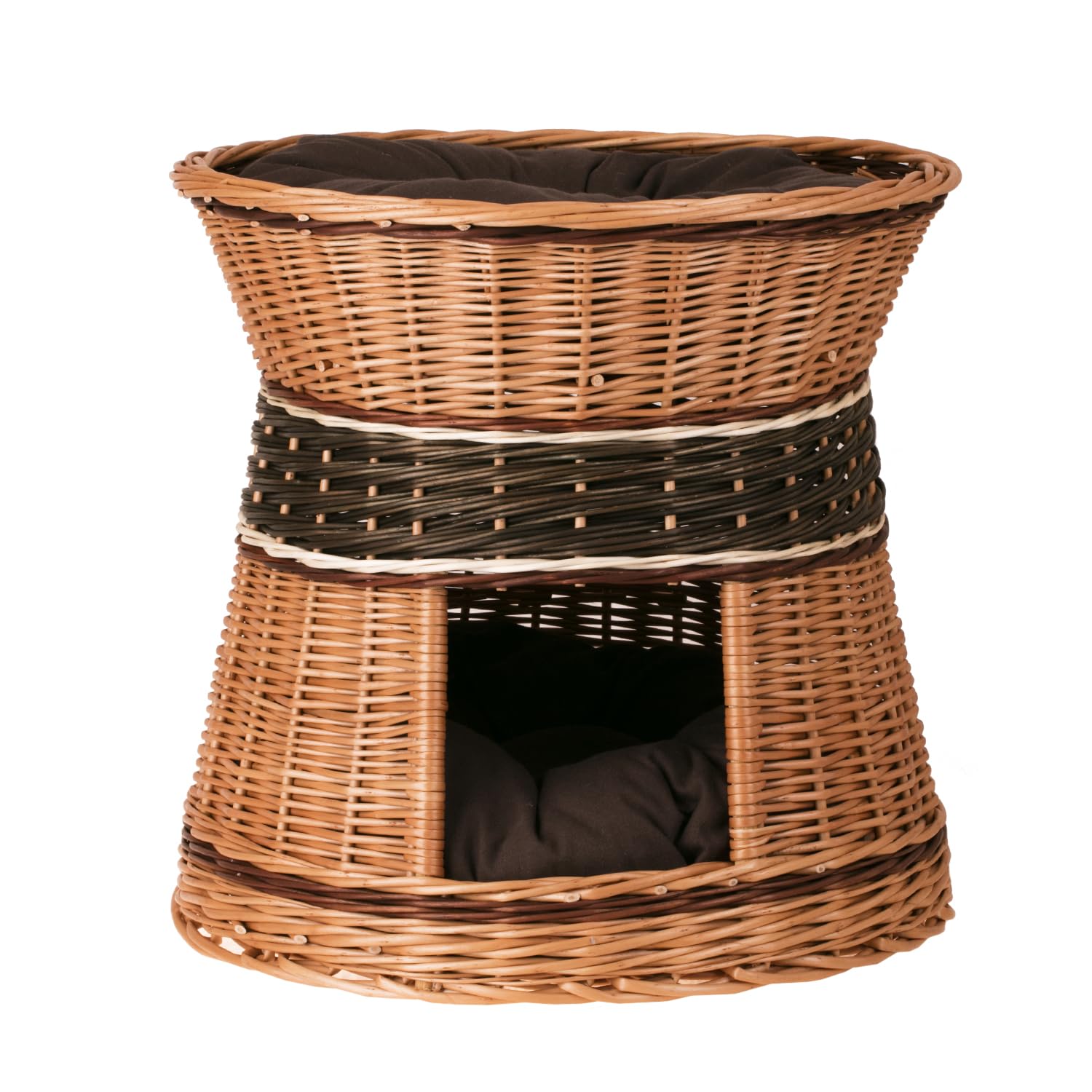 Wicker Indoor Igloo Cat Bed Cave Double Cat Bed pet Cave Indoor Cat House with Bed on Top Cosy Cave Bed Cat Sofa Box Wicker Cat Basket with Soft Cushion Natural (48x48x43cm) e-wicker24 (Round, Brown)
