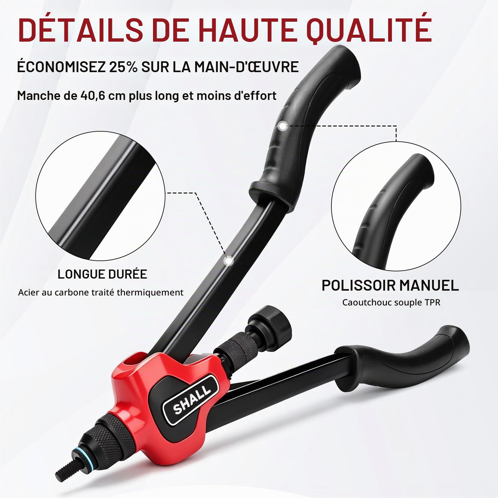 SHALL Kit d'outils d'écrous à rivets, 40,6 cm（16“）, avec 7 mandrins métriques M3 M4 M5 M6 M8 M10 M12 7 mandrins métriques et 70 écrous à riveter, avec boîte de rangement manuelle