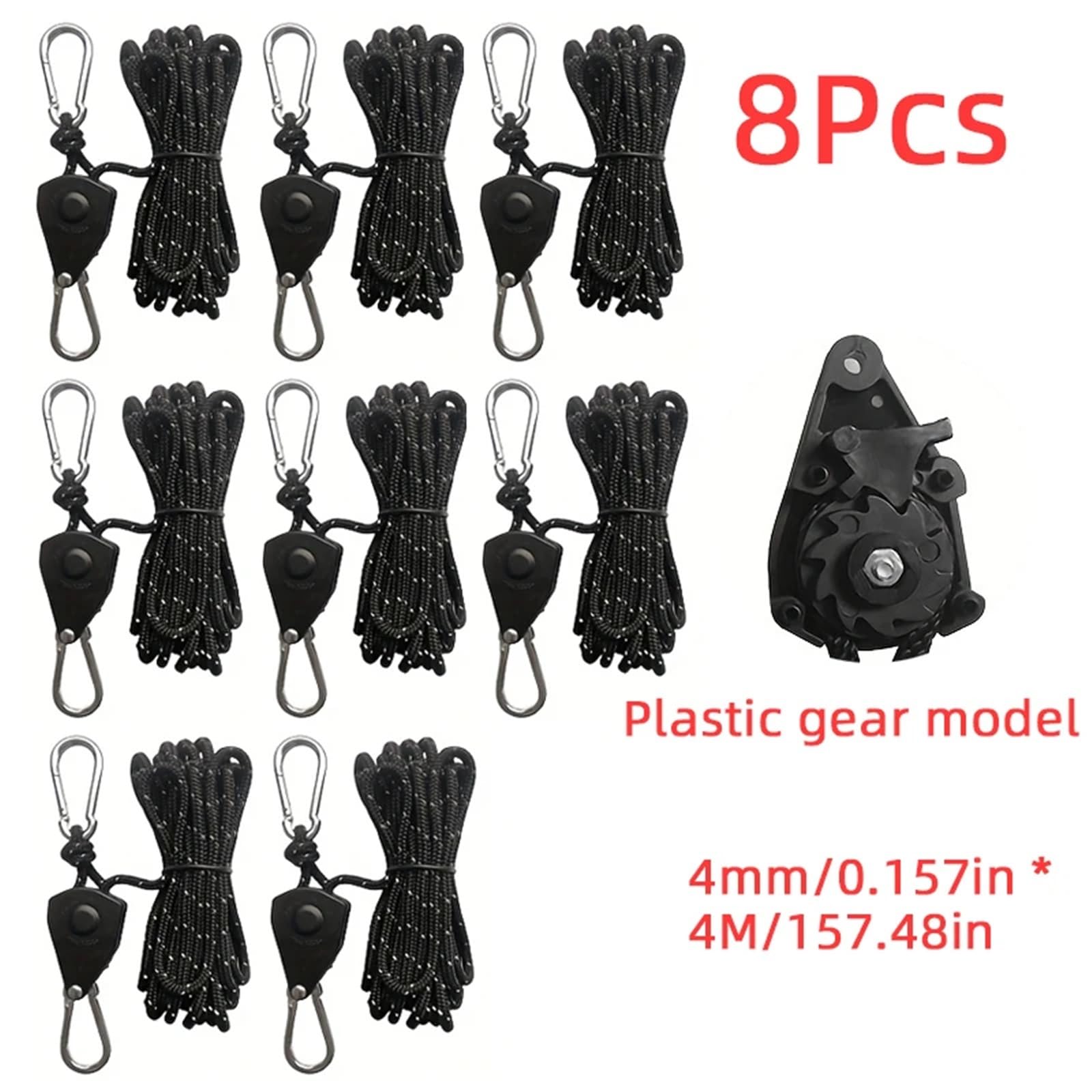 Tendeur de corde d'arrimage for tente de Camping, 4mm x 4m, poulie de fixation, cintres à cliquet, crochet de corde d'auvent, boucle d'auvent, outil de serrage de corde(Plastic 8Pcs)