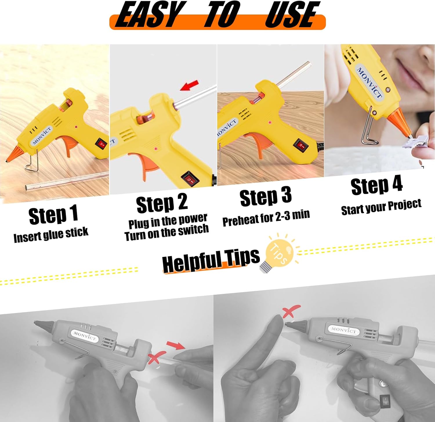 MONVICT 8 Pack 30W Hot Glue Gun Set with 50 Glue Sticks 2 Each of Pink/White/Lake Blue/Yellow - Easy to Use for DIY Crafts, Arts, Class Projects, School, Home Repairs - High Temp Mini Glue Guns
