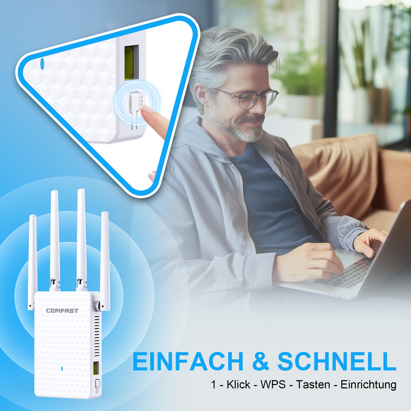COMFAST WLAN-Verstärker, WLAN Repeater 1200 Mbit/s Doppelband mit 4 Antennen, 1 Ethernet-Port, WPS & MU-MIMO, Modi Repeater/Router/AP, Signalanzeige, Stabiler Netzausbau ideal für Wohnhaus und Büro