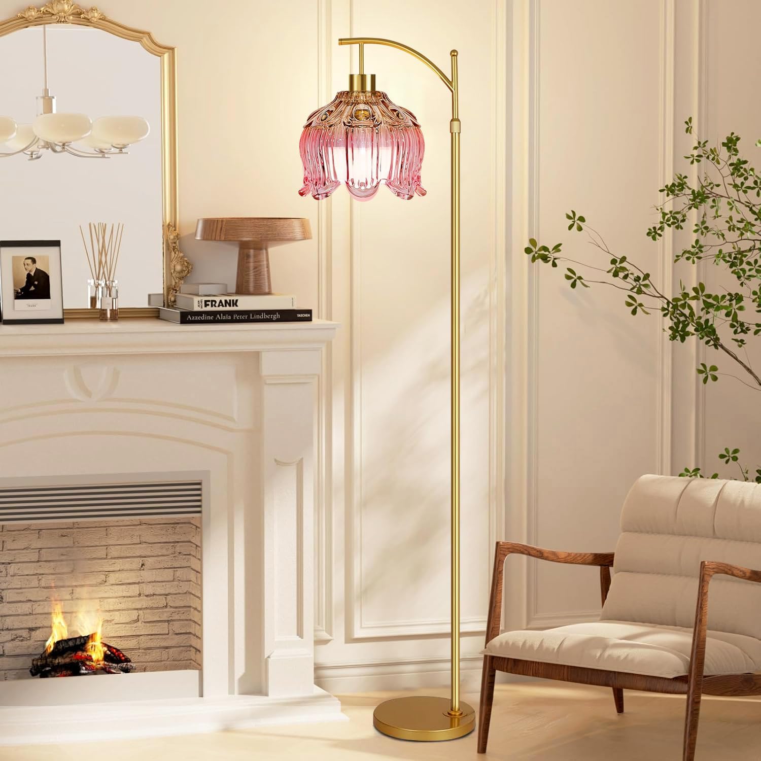 QIYIZM Pink Floor Lamp for Living Room,Bedroom,Gold Dimmable Standing Lamp with Remote,Mid Century Modern Brass Tall Lamp Boho Floor Lamps Arc Stained Glass Flower Floor Light Lamp Girls kids Bohemian