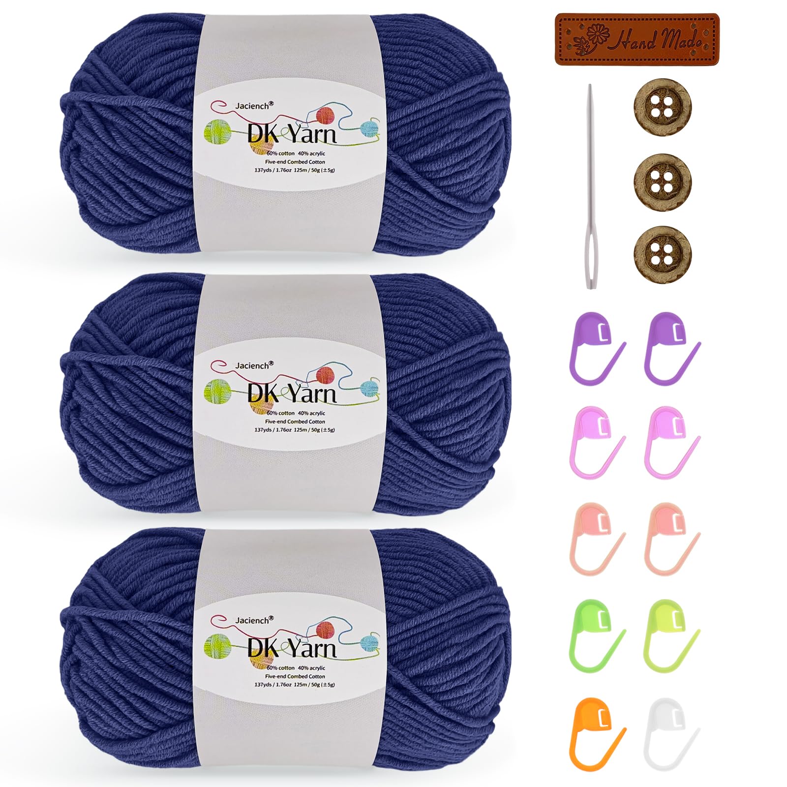 Crochet Yarn Kit, 3×50g 60% Cotton 40% Acrylic Combed Cotton Yarn with Accessories, DK Wool for Beginners Amigurumi Socks Blankets（Deep Blue-3）