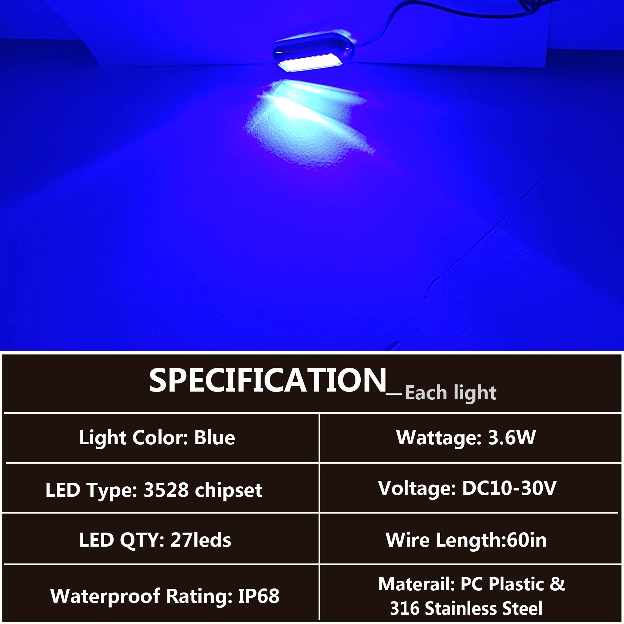 Lot de 2 lumières de bateau 27 LED bleues étanches IP68 pour bateau, remorque, ponton, bateau, tableau arrière, éclairage de navigation intérieur de bateau, lumières de pont 10-30 V CC