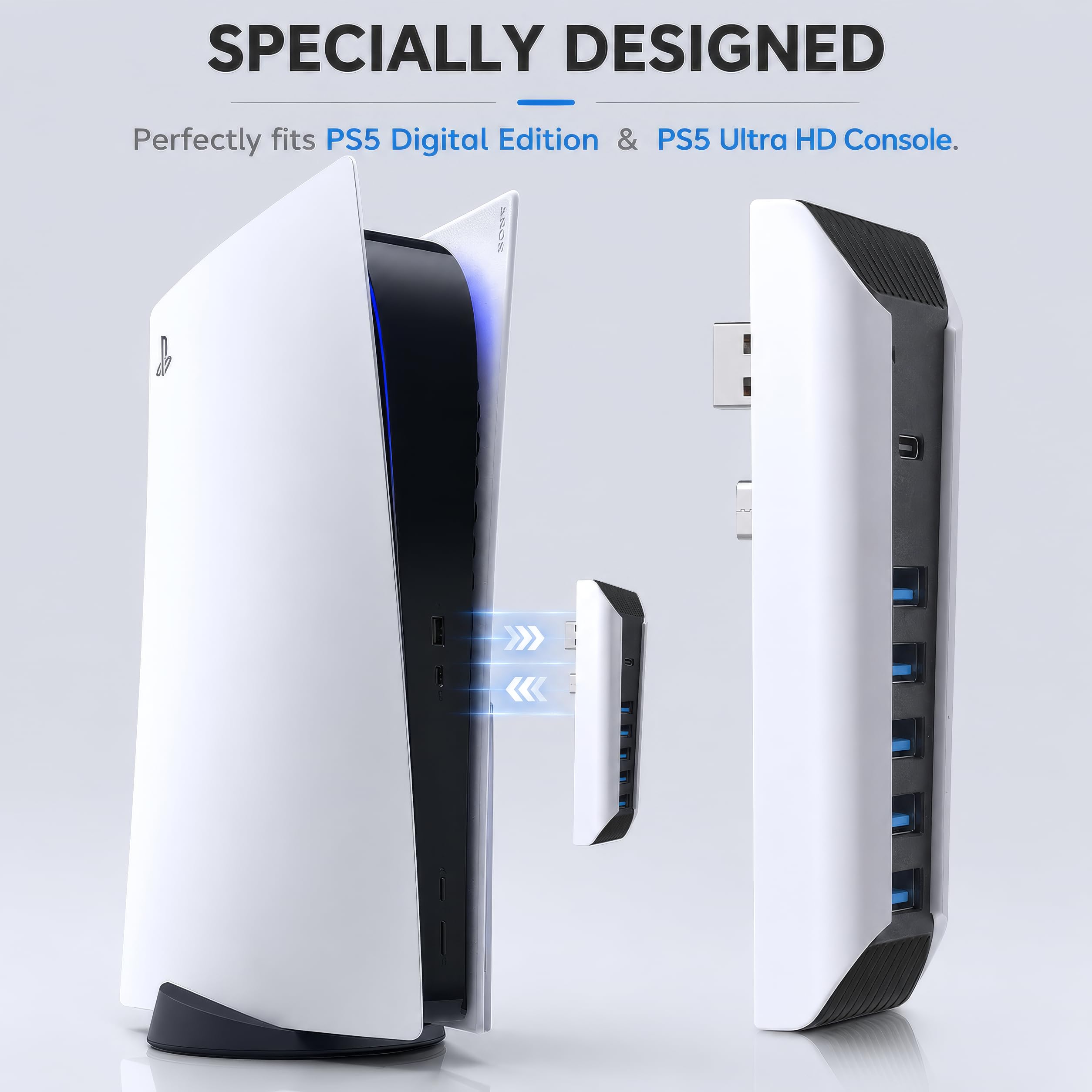 Hub do PS5, przedłużacz ładowarki USB o dużej prędkości, kompatybilny z konsolą do gier Playstation 5, 4 USB + 1 port ładowania USB + 1 port typu C