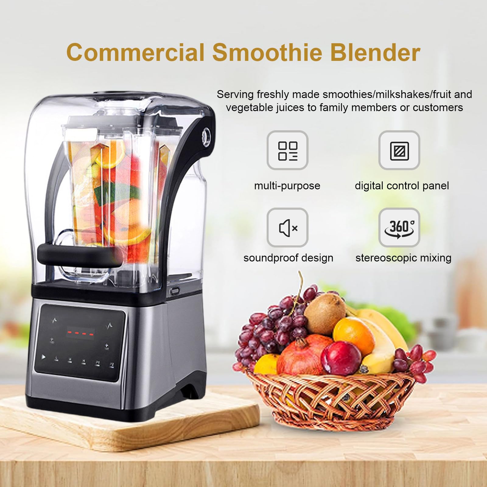 Blender elektryczny do koktajli, komercyjny blender kielichowy o mocy 2200 W z pojemnikiem o pojemności 1,6 l, 9 ustawień prędkości, funkcja kruszenia lodu, samoczyszczący do koktajli i shake'ów
