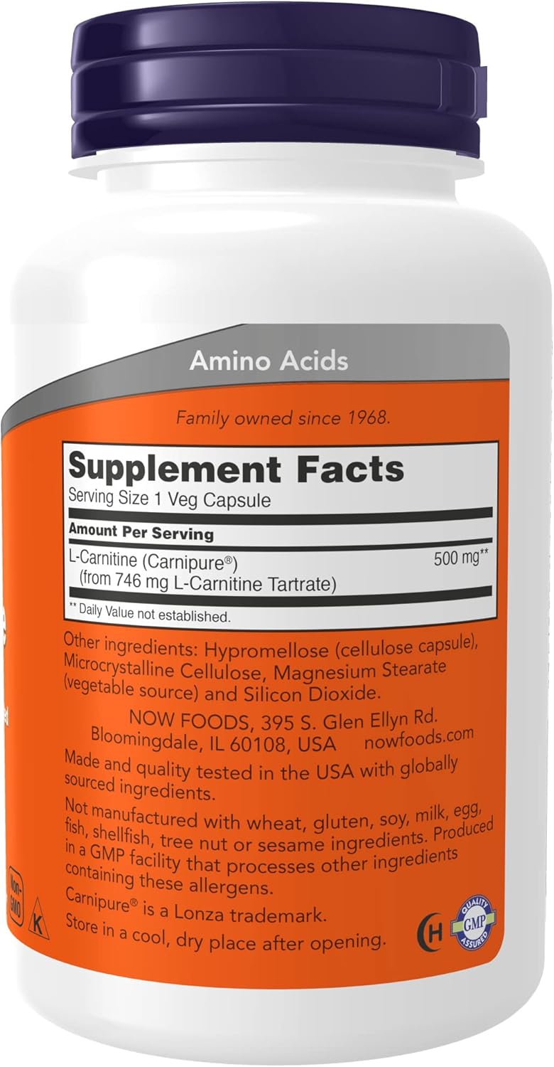 NOW Supplements, L-Carnitine 500mg, Purest Form, Amino Acid, Fitness Support*, 180 Veg Capsules : Health & Household