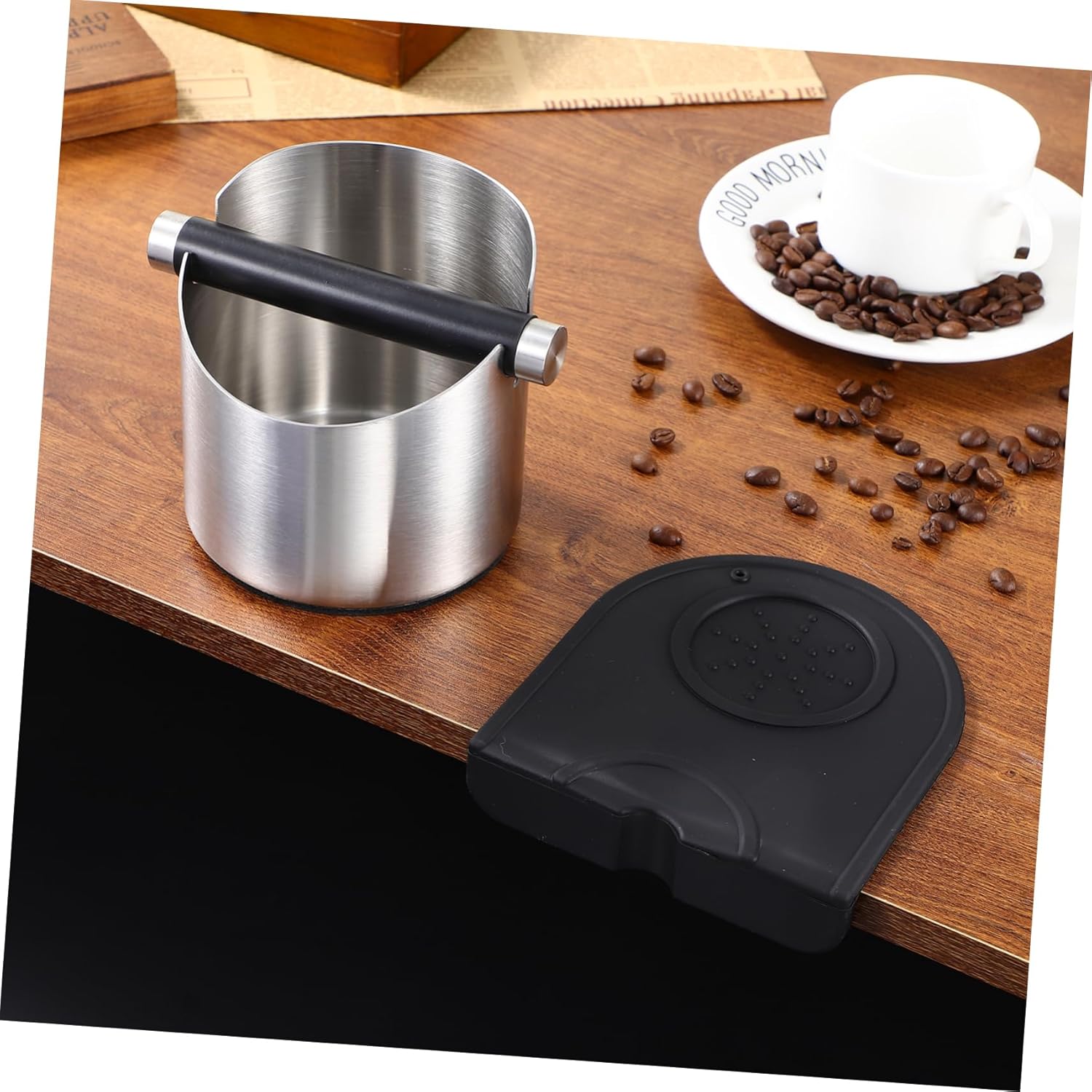 Stainless Knock Bar and Base Large Espresso Coffee Grounds Container for Home and Cafe Use