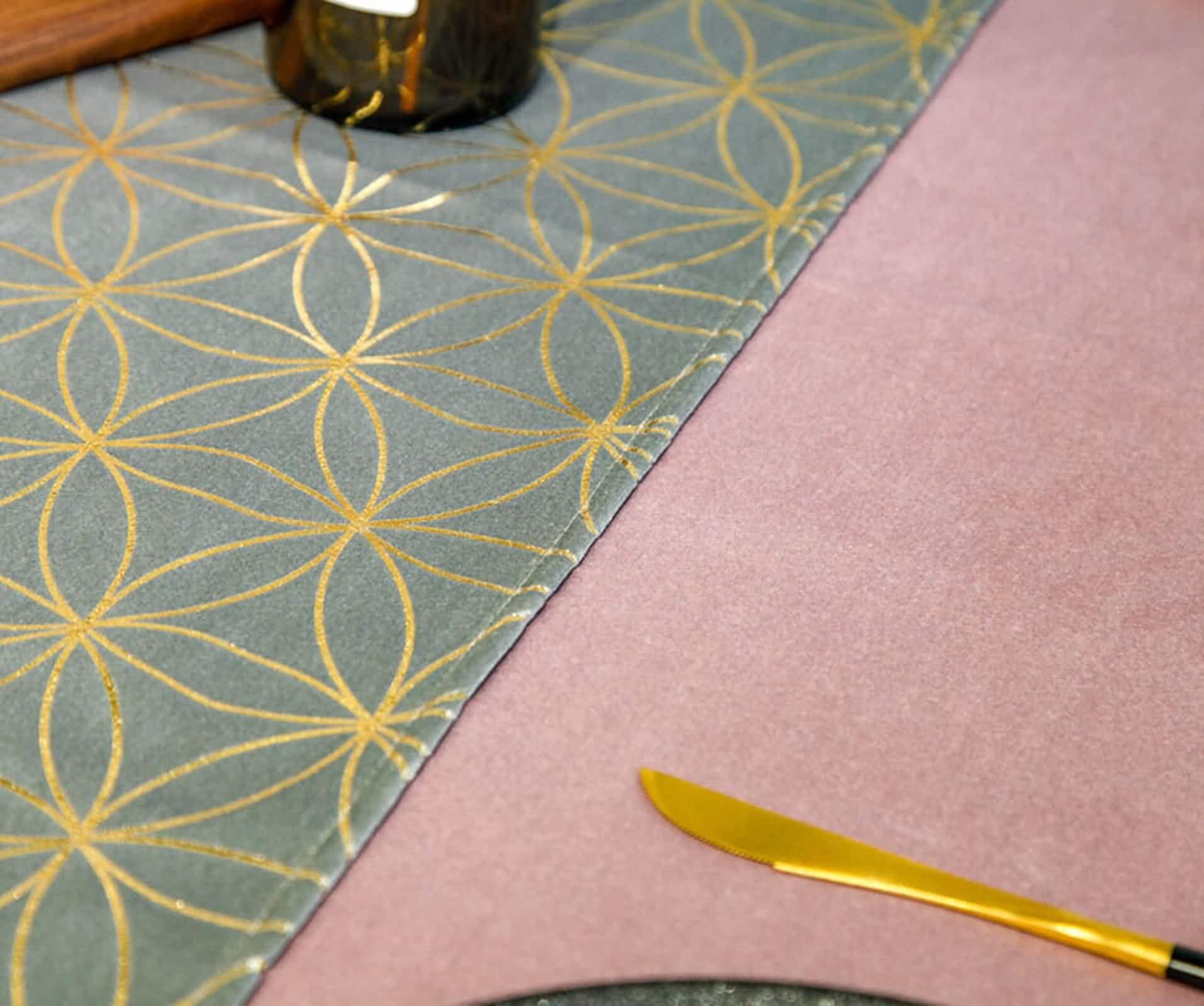 Kitchen Table Runner, Chemin de Table de Noel Grise Velours Or 32x240CM Fleur de Velours Vintage Deco Intérieure Extérieure