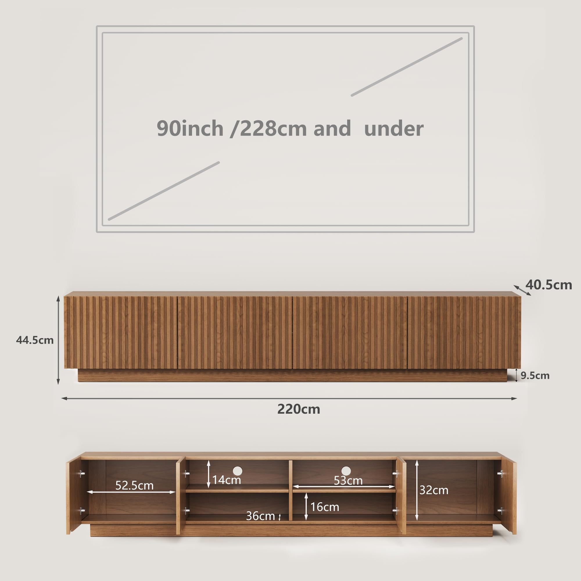 KAANAA TV Schrank 220cm mit Lamellentüren, TV Lowboard Nussfarbe | 220cm TV Lowboard, Lamellentüren, Nussfarbe Holzoptik, großer Stauraum, Kabelmanagement, für Fernseher 75–90 Zoll