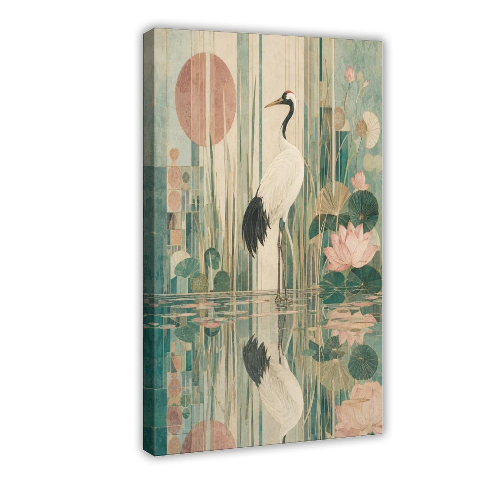 W7C8U2X3 Cranes in Lotus Pond Canvas Wall Art, Asian Modern Bedroom