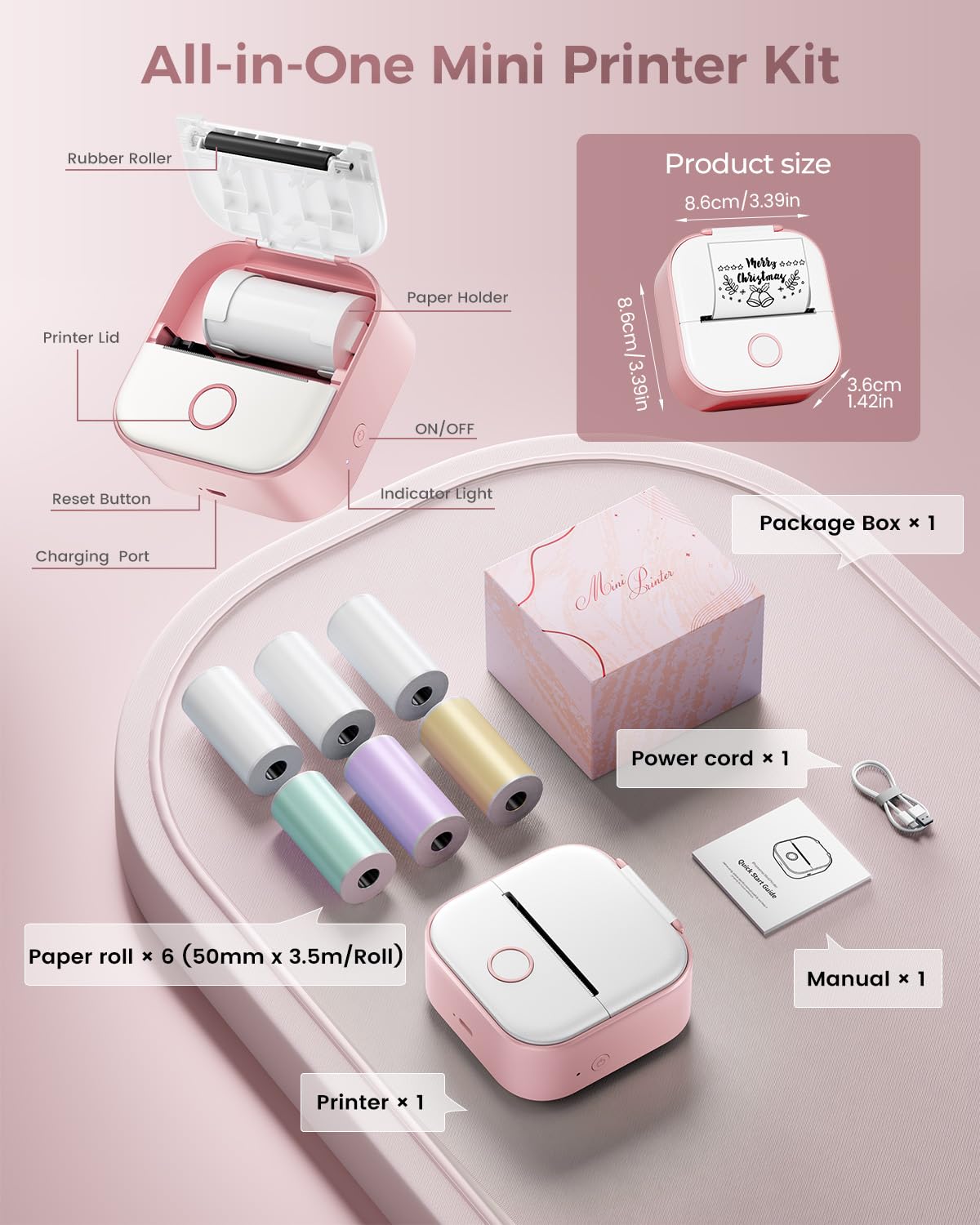 Adesiva Mini Stampante Termica con 6 Rotoli di Carta - T02 Stampante, Rosa | Portatile Bluetooth Sticker Printer per Studio, Note, Immagini, Foto, Diari, fai da te, Compatibile con Telefono e Tablet