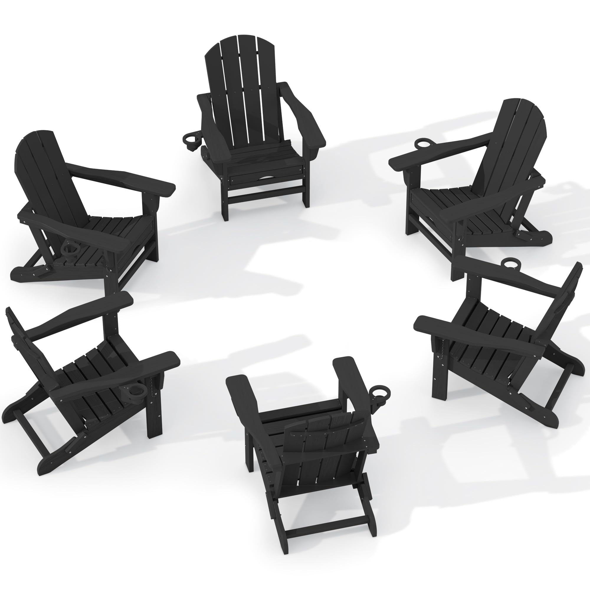 KINGYES Folding Adjustable Adirondack Chair with Retractable Ottoman Set of 6, HDPE All Weather Chair with Cup Holder - Recliner Adirondack Chair,