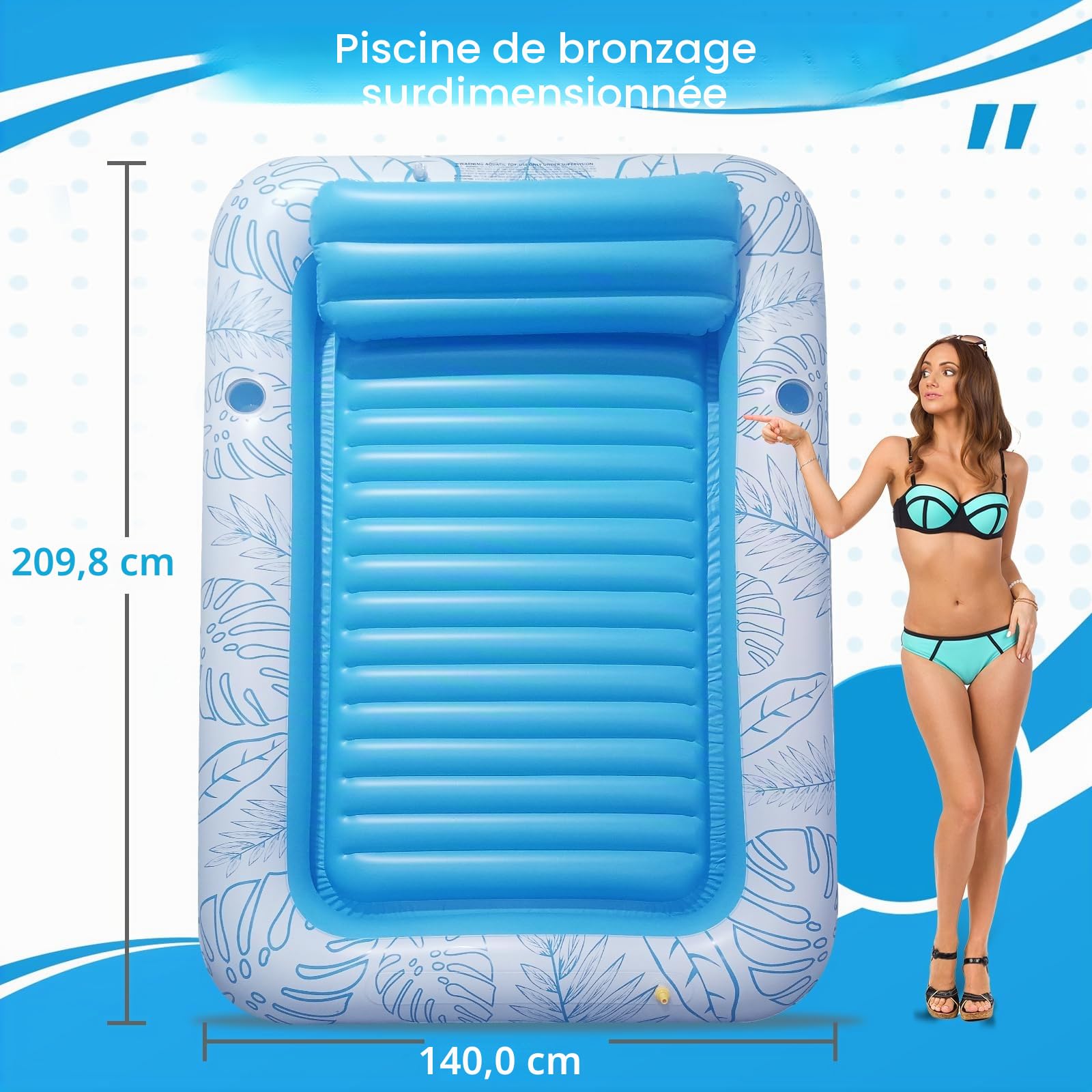 Chaise Longue Gonflable Extra Large de 215,9 x 144,8 cm avec arroseur et Porte-gobelet, Radeau de Piscine pour Adulte, pour Jardin, Plage ou lac, Rose/Bleu – PVC Durable, supporte 200 kg