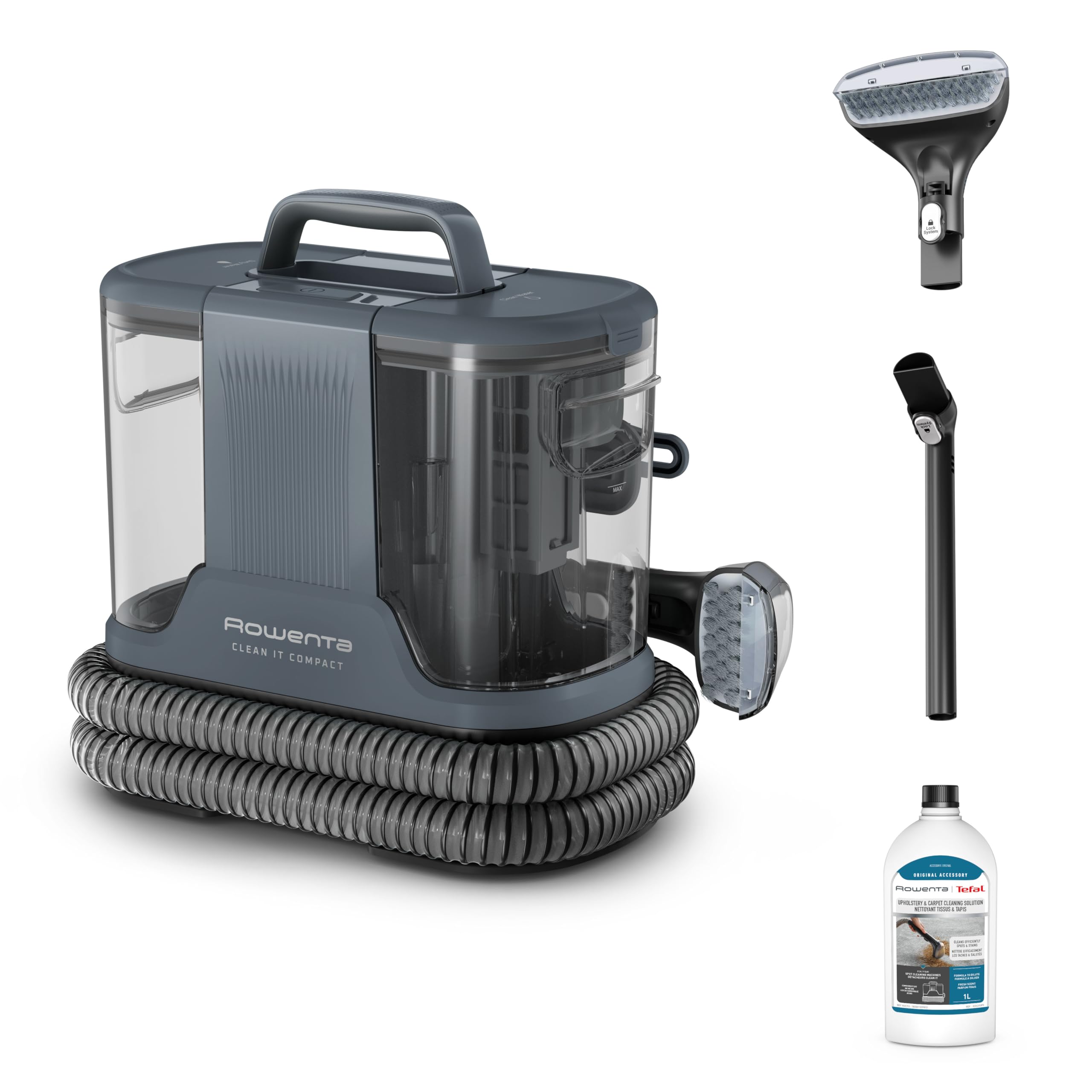 Rowenta Clean It Fleckenreiniger, tragbarer Multi-Reinigungs-Teppichreiniger, kompaktes Design, ideal für Haustierschmutz, 400 Watt, 1,5-Liter-Frischwassertank, Grau, IN3011F0