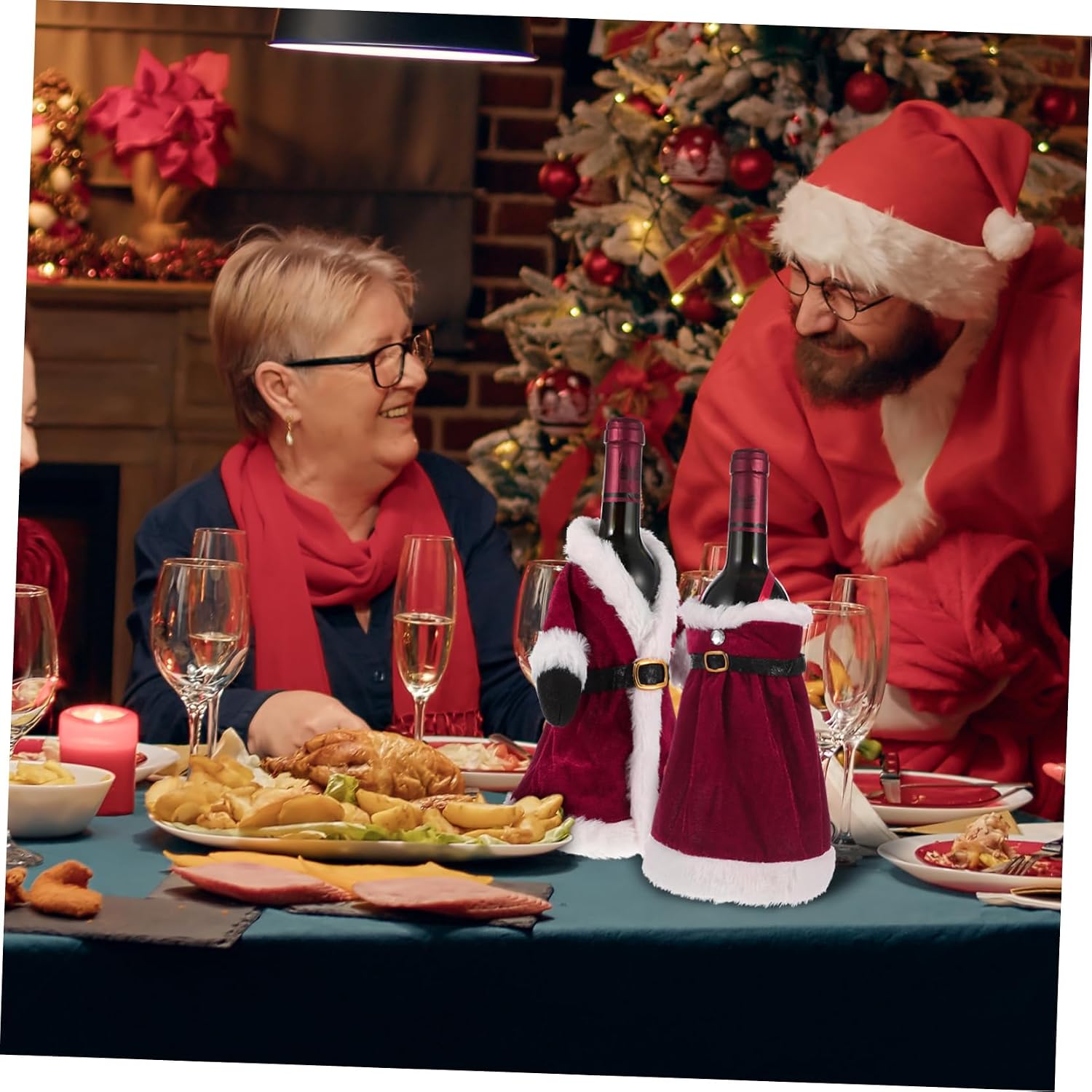 2pcs Christmas Wine Bottle Cover Bag Red Velvet Xmas Decor