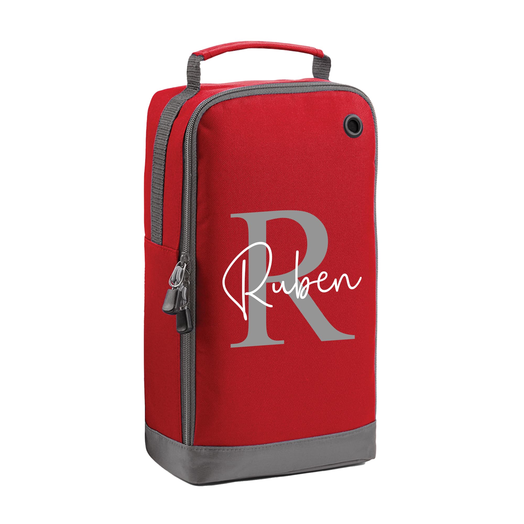 Personalised Kids Boot Bag with Custom Name - Grey Initial Design - Red Shoe Bag for PE & School