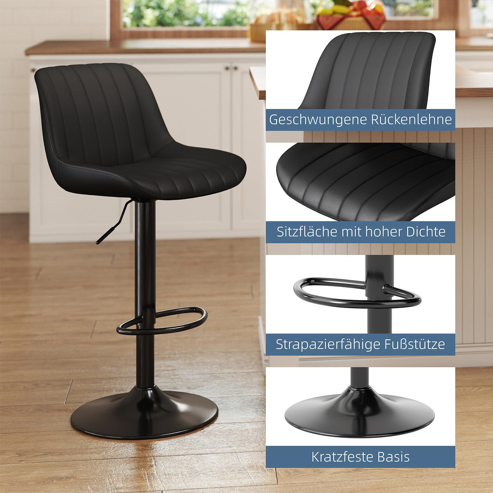 Youhauchair Barhocker 2er Set, Drehbare Barhocker mit Lehne, Höhenverstellbar aus PU-Leder, Moderner Barstuhl Küchenhocker Bar Hocker Bar Stool, Schwarz
