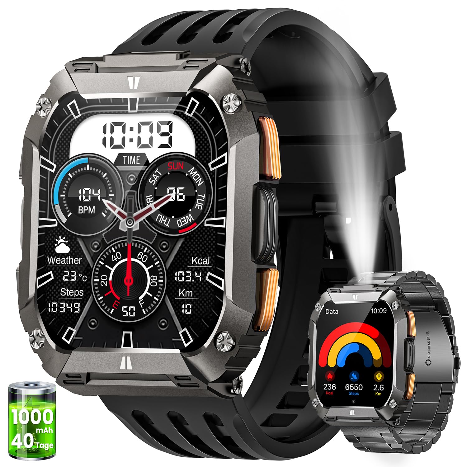 BANLVS Reloj Inteligente Hombre con LED Linterna/1000mAh, 2.01" AMOLED Smartwatch Militar con Llamadas, 5ATM Impermeable Pulsera Actividad, 113 Modos Deportivos, Pulsómetro/Sueño/Podómetro Android iOS