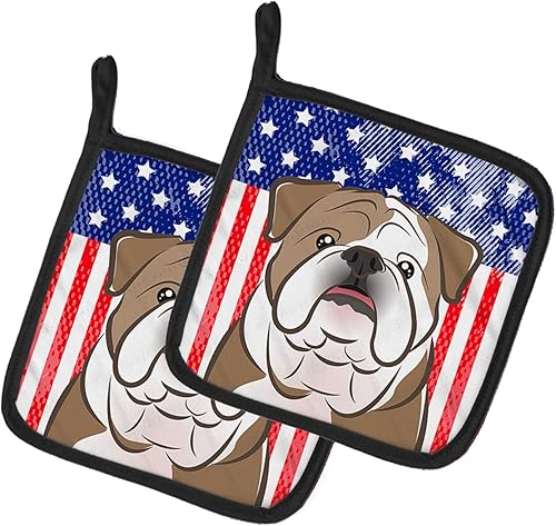Caroline's Treasures BB2149PTHD - Juego de soportes para ollas de cocina con bandera estadounidense y bulldog inglés, resistentes al calor,