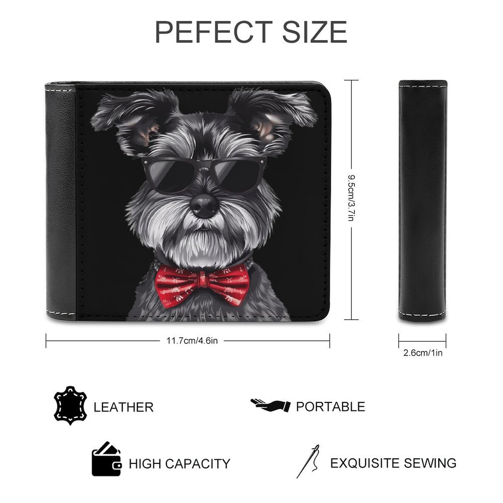 Hipster Schnauzer Dog with Glasses Bowtie Funny Men's Slim Bifold Wallet with Multiple Card Slots Front Pocket Purse
