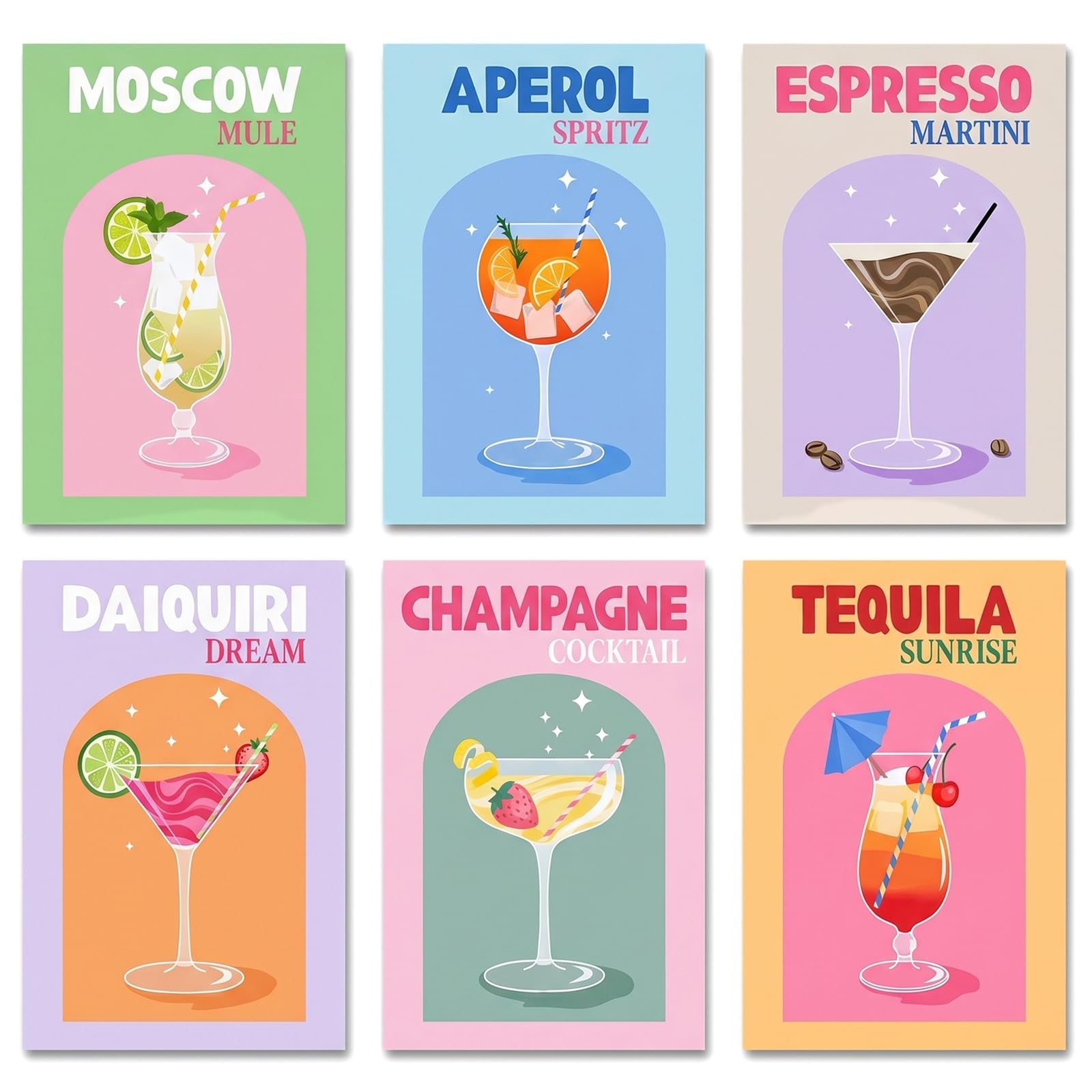 Kemay 6 Pack Paint by Numbers for Adults Beginners, Retro Cocktail Themed DIY Acrylic Oil Painting Kit on Canvas, Sip and Paint Party Supplies, Vintage Wall Decor Art Craft Gifts, 8x12 Inch Frameless