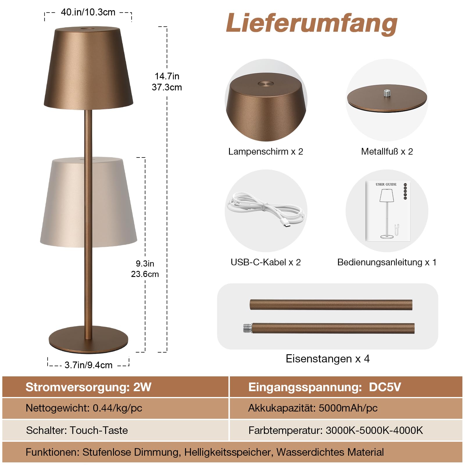 2 lampade da tavolo senza fili, a LED, dimmerabili, touch con 3 temperature di colore, per esterni, USB-C, ricaricabile, per comodino, tavolo da pranzo, campeggio (marrone)