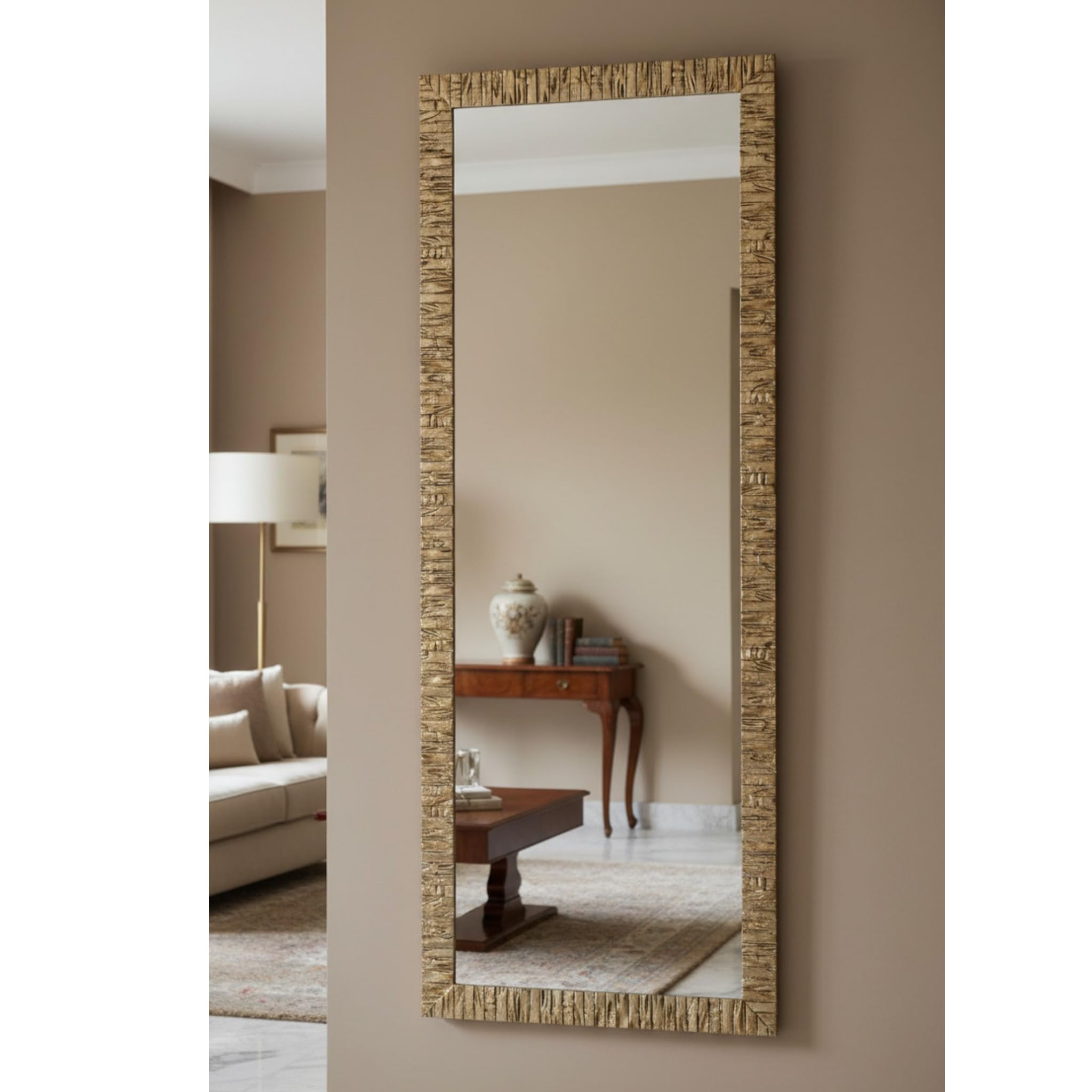 MO.WA Miroir Mural Long Moderne, Miroir Mural 55x145 Cadre Bois Argent Antique, fabriqué en Italie, Grand Miroir Pleine Longueur